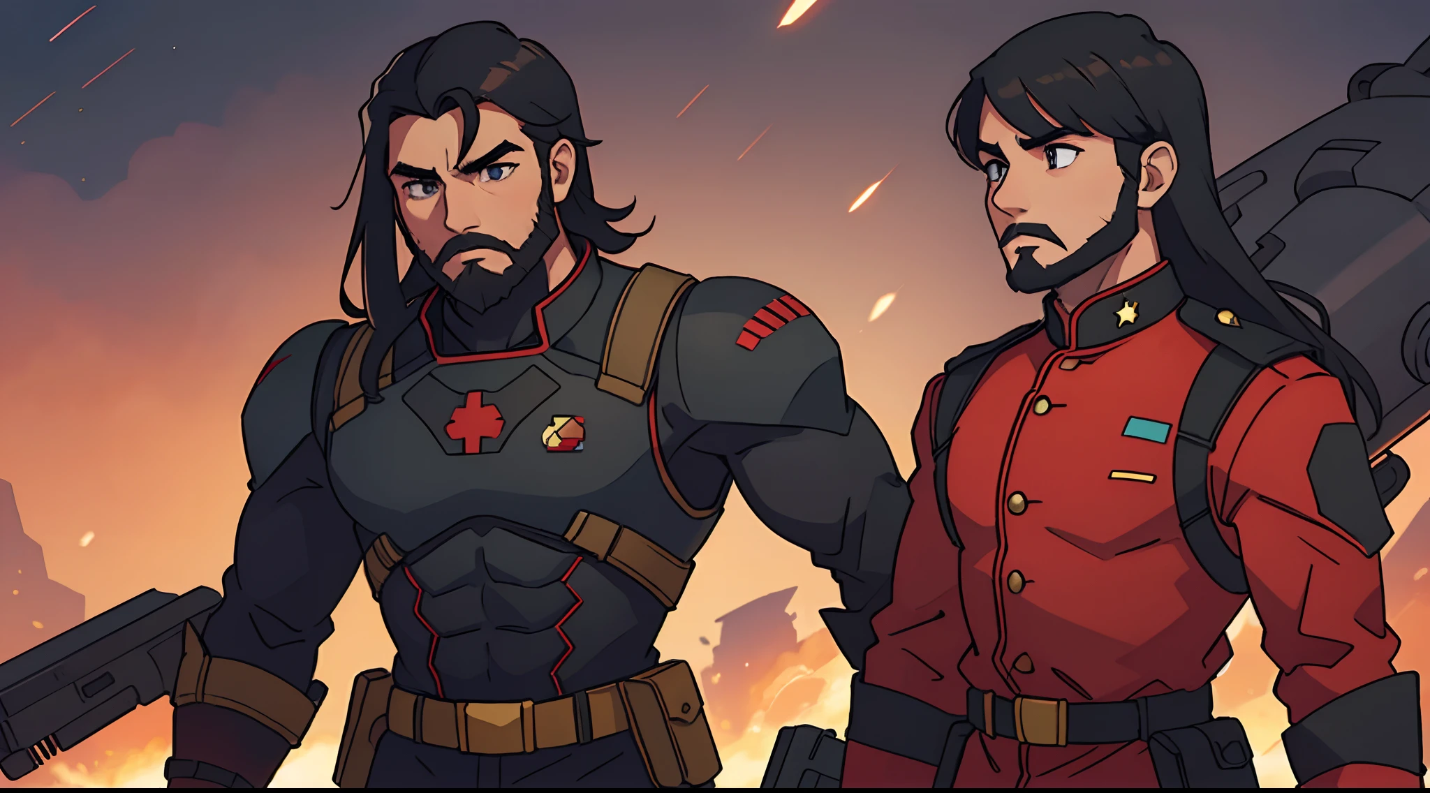 man. male soldier with long black hair, short beard, red uniform. muscular man. futuristic soldier. sci-fi