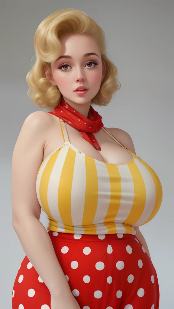 (best quality), big head, (1girl with gigantic breasts:1.3) Vintage , Pin Up Girl , 40s , Sexy Icon , Vibes , Pretty Dress Silk , Big Breast , UHD , White Pale Skintone , 8K, Details , Blonde Hair , Blonde Curly Hair , Retro, Pin Up Sexy Girl , Polkadot, Scarf ,50s ,Fat Girl , Fat Belly