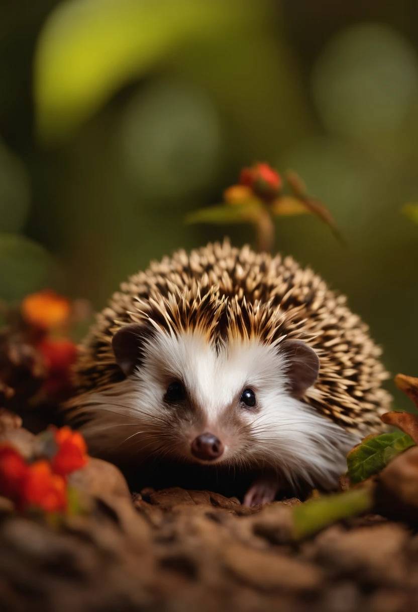 An African pygmy hedgehog, num fundo fofo, sorridente com outros animais