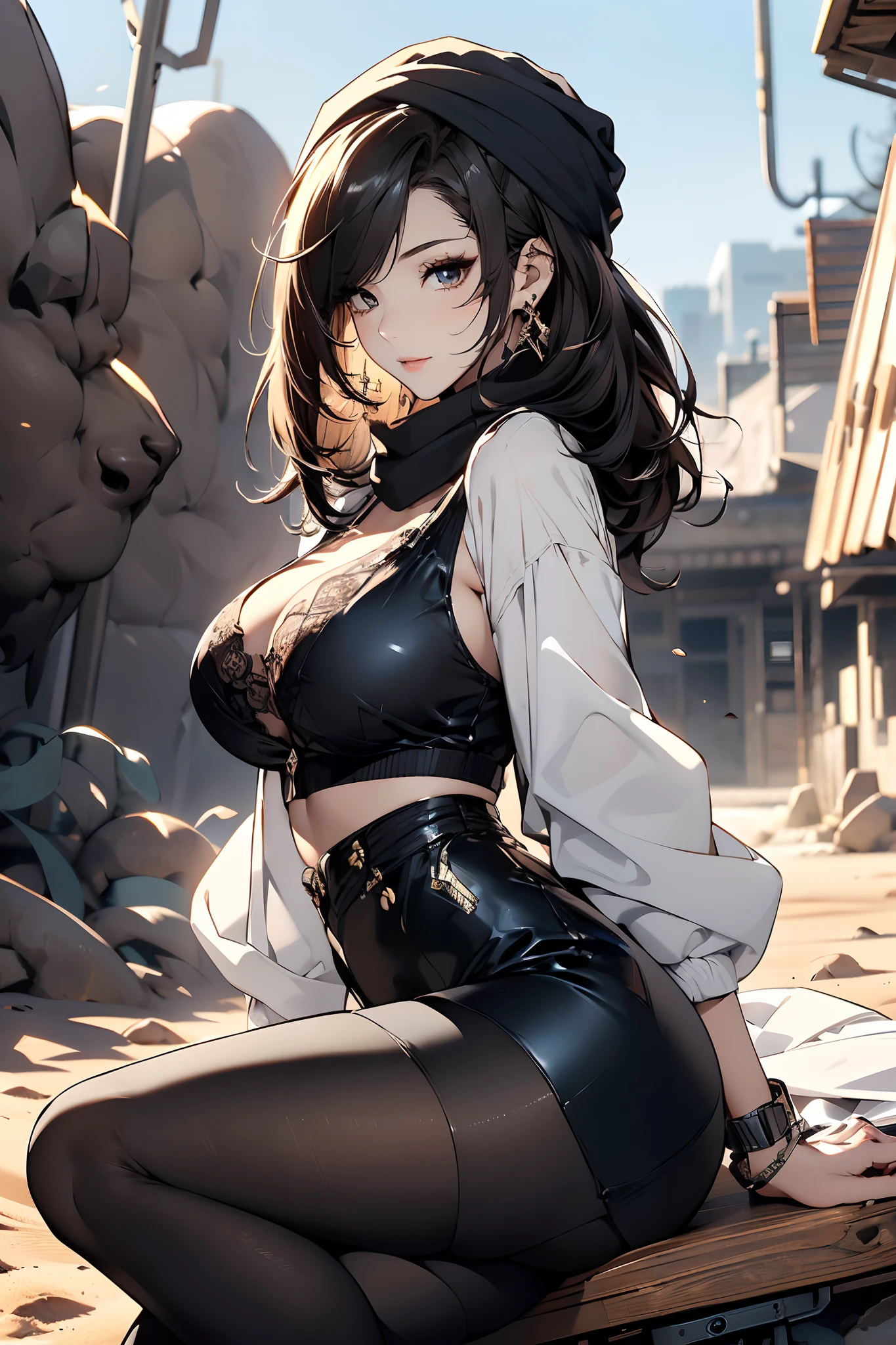 a matured woman with long black hair and a white outfit, (in a desert:1.5), (resting in oasis:1.2, with opening legs:1.2, cross-legged, in front of lakeside:1.2), Arabic, (Post apocalyptic:0.0), from arknights, artwork in the style of guweiz, bodyesbian, fine details. girls frontline, beautiful anime illustration, from girls frontline, by Yang J, stunning, 26 years old, (milf:1.3), (solo:1.5), (sfw:1.25), sagging breast, large breasts, big tits, thin waist, big ass, Raised sexy, (dark mahogany medium short hair, updo, hair over one eye, asymmetric hair, Carly hair, low tied),(musulman, white Headscarfs, hair bands, head vandage, Turban), (ultra high resolution, 8K RAW photo, photo realistics, weak outline:1.3, clear focus), best qualtiy, natural lighting, blurry back ground, field depth, (Bright pupils, detailed beautiful eyes, high detailed face), Red lip, looking away, (dynamic angle, from front, crotch focus:1.3, from above), dynamic posing, sexy posing, seductive smiling, center image, (wearing white long jacket and clothes, wearing white robes, platinum ornaments, rolling white clothes around waist, camel-brown long leather boots, translucent lace pantyhose), ((correct anatomy:1.5)), ((outdoor:1.2)),