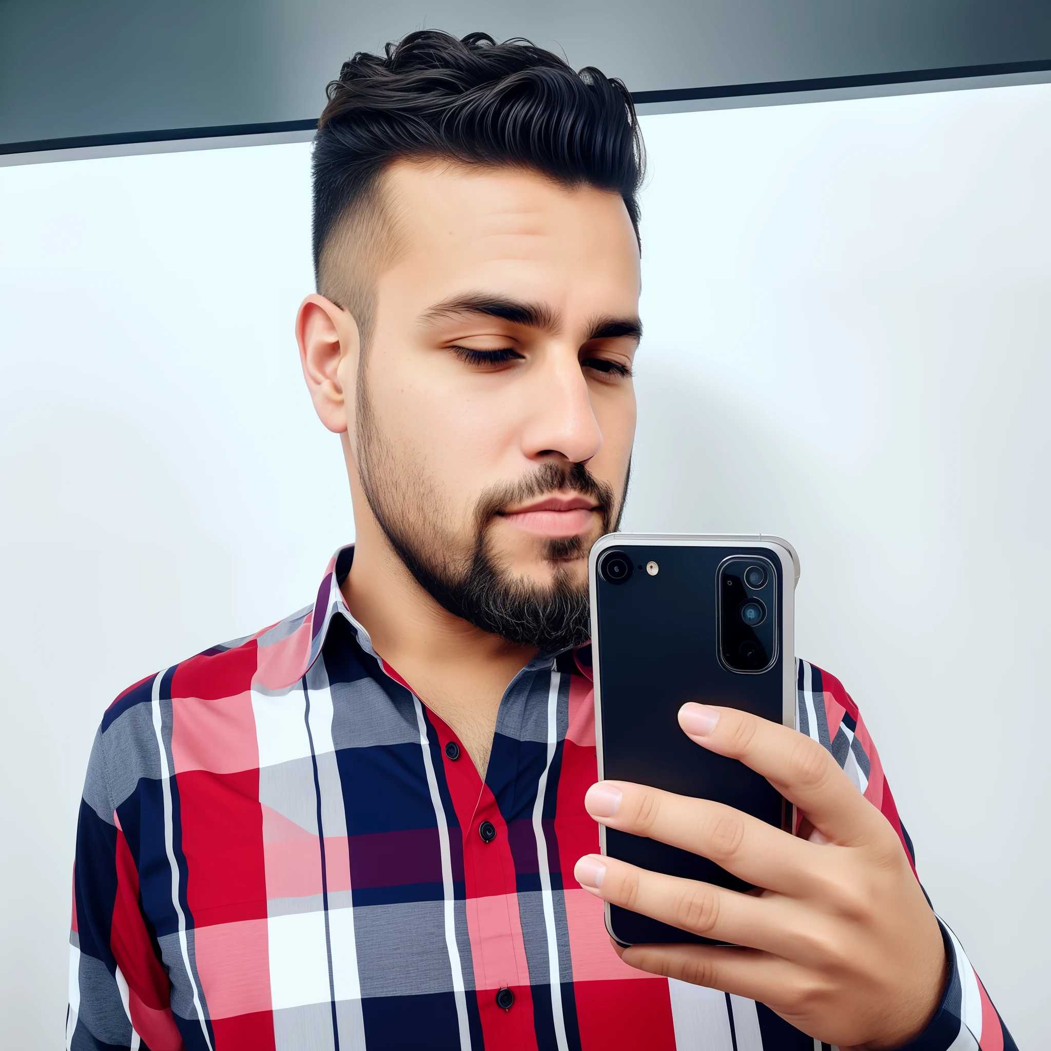 there is a man taking a selfie in a mirror, Selfie de um homem, Fotografia Selfie 8k, Homem na casa dos 30 anos, Atarracado, Selfie ruim, vestindo uma camisa vermelha de lenhador, Selfie!!!!! de um homem, Homem de 30 anos, foto muito precisa, iphone Selfie, com uma barba pequena, restolho leve com camisa vermelha