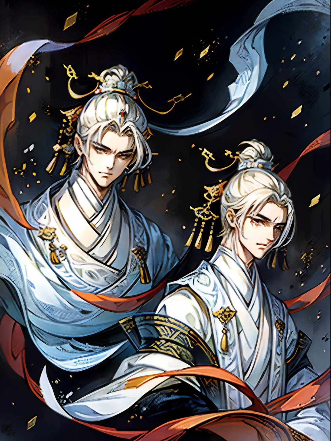 Two men in white,Two men,siblings, Kind,Big mansion,Scholar,32K,best qualityer,Special work,ultradetailed,high detal,Chinese Ancient Times,ancient wind,k hd,Traditional ink painting