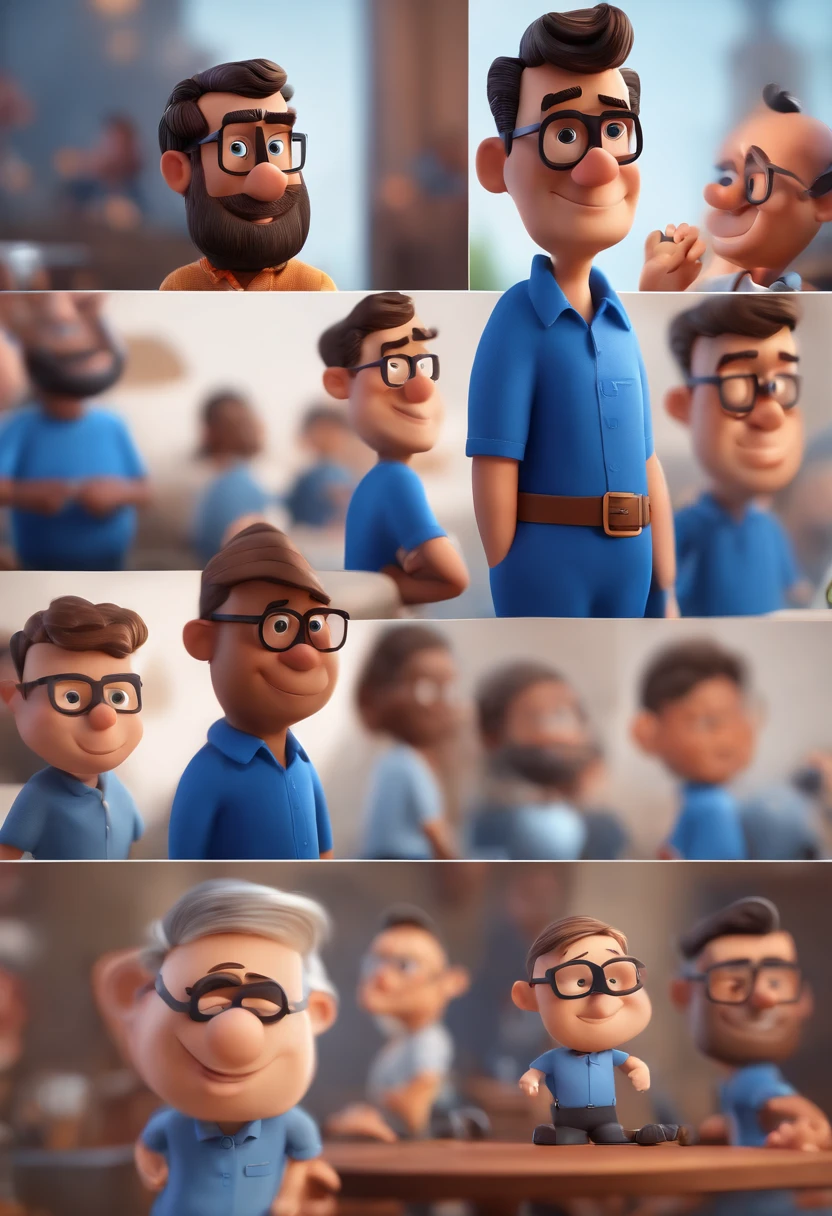 Cartoon character of a man with black glasses and a blue shirt, animation character, Caractere estilizado, animation style rendering, 3D estilizado, Arnold Maya render, 3 d render stylized, toon render keyshot, Personagem 3D, Personagem 3D, 3d rendering stylized, 3 d character render, personagem de desenho animado, Personagem de close up, Pose de personagem, (Estilo Pixar) (master part:1.2) (Bokeh) (best quality) (pele detalhada) (textura detalhada) (8k) (argila) (Cinematic lighting) (foco nítido