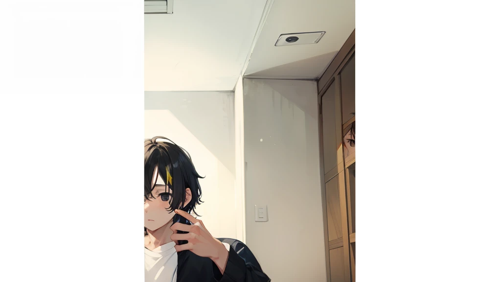 1 boy、dark haired、black eyes、white backdrop、T-shirt