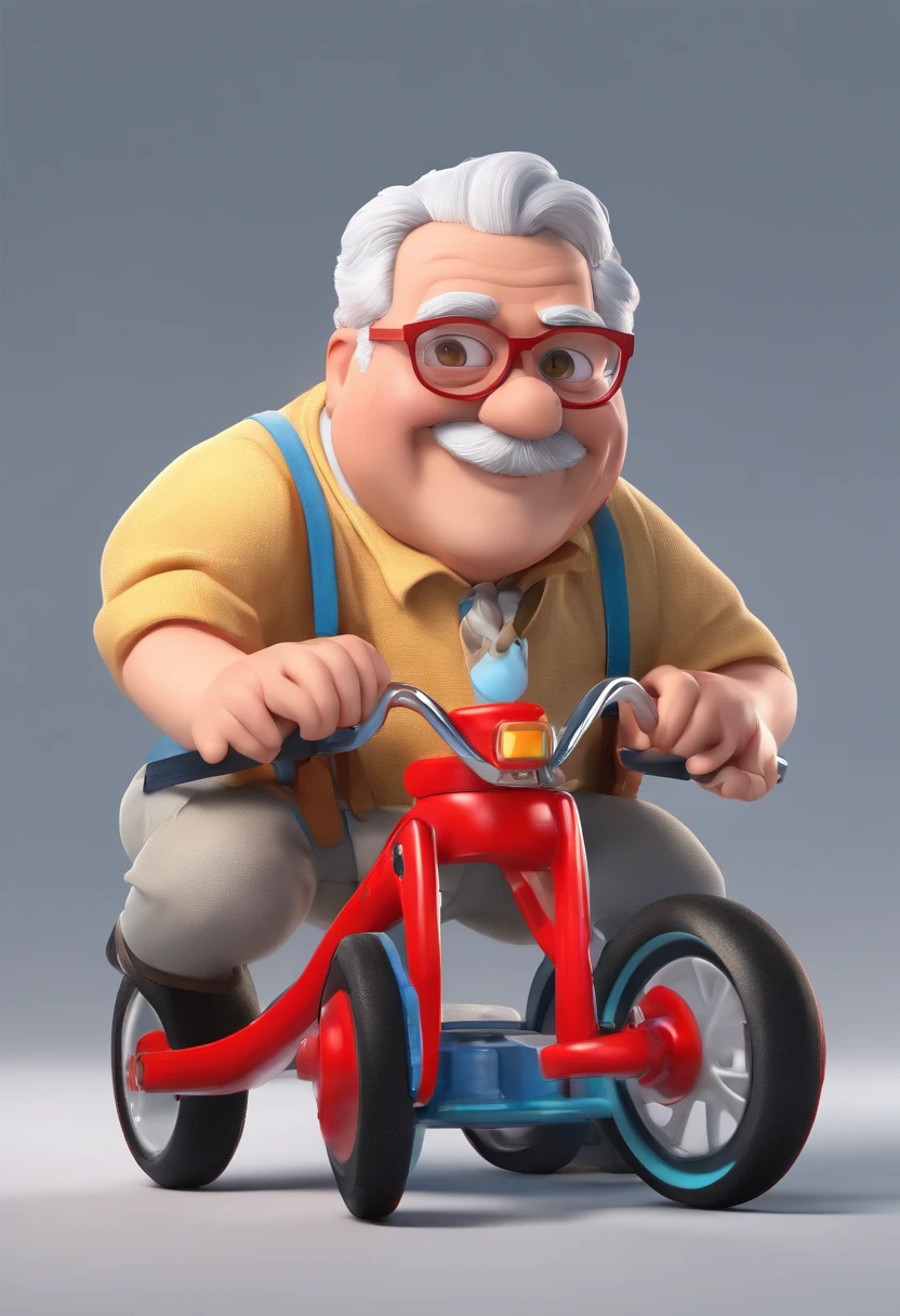 An illustration of an adorable grandfather, Chubby white man with glasses s blue eyes cap with his red motorized tricycle Develop this art in Full HD, Focus on your cinematic touch, Estilo Disney Pixar Animations
