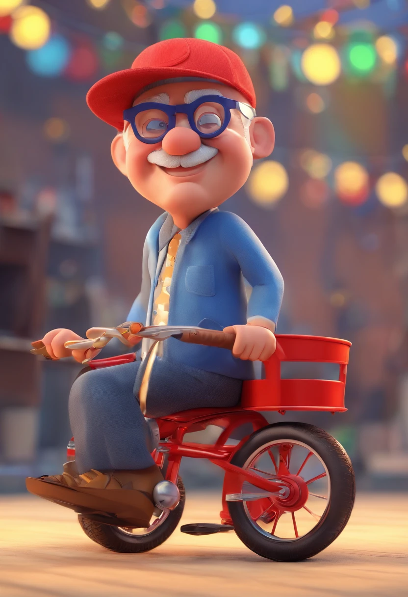 An illustration of an adorable grandfather, Chubby white man with glasses s blue eyes cap with his red motorized tricycle Develop this art in Full HD, Focus on your cinematic touch, Estilo Disney Pixar Animations