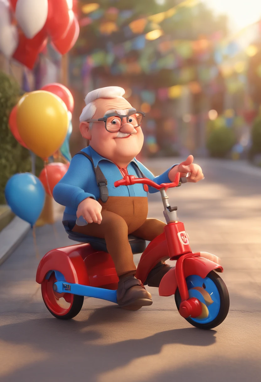 An illustration of an adorable grandfather, Chubby white man with glasses s blue eyes cap with his red motorized tricycle Develop this art in Full HD, Focus on your cinematic touch, Estilo Disney Pixar Animations