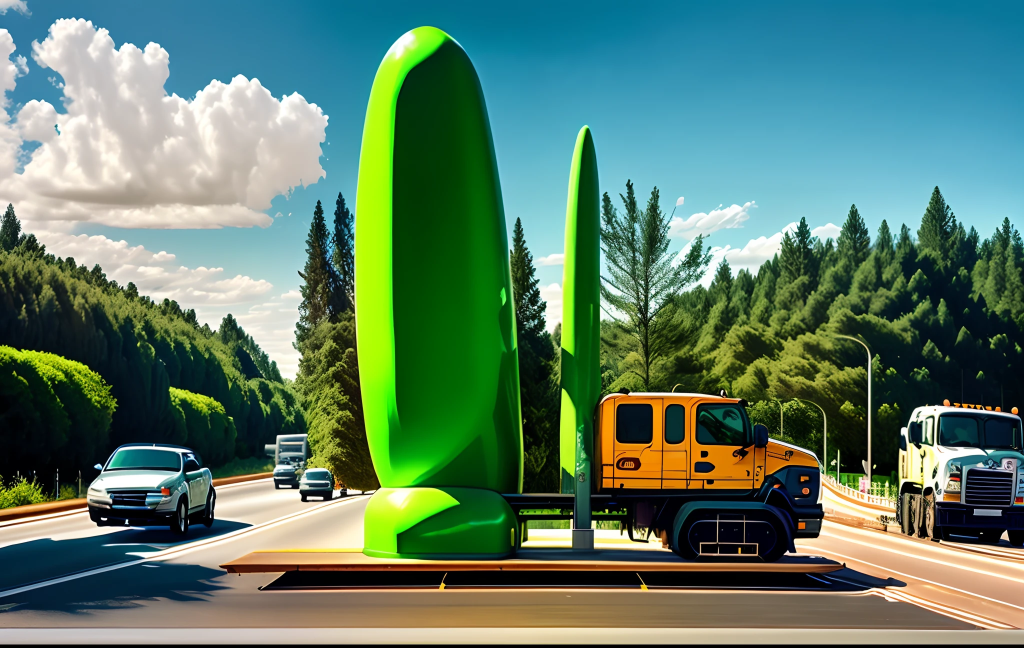 Giant green phallus statue being transported on freeway