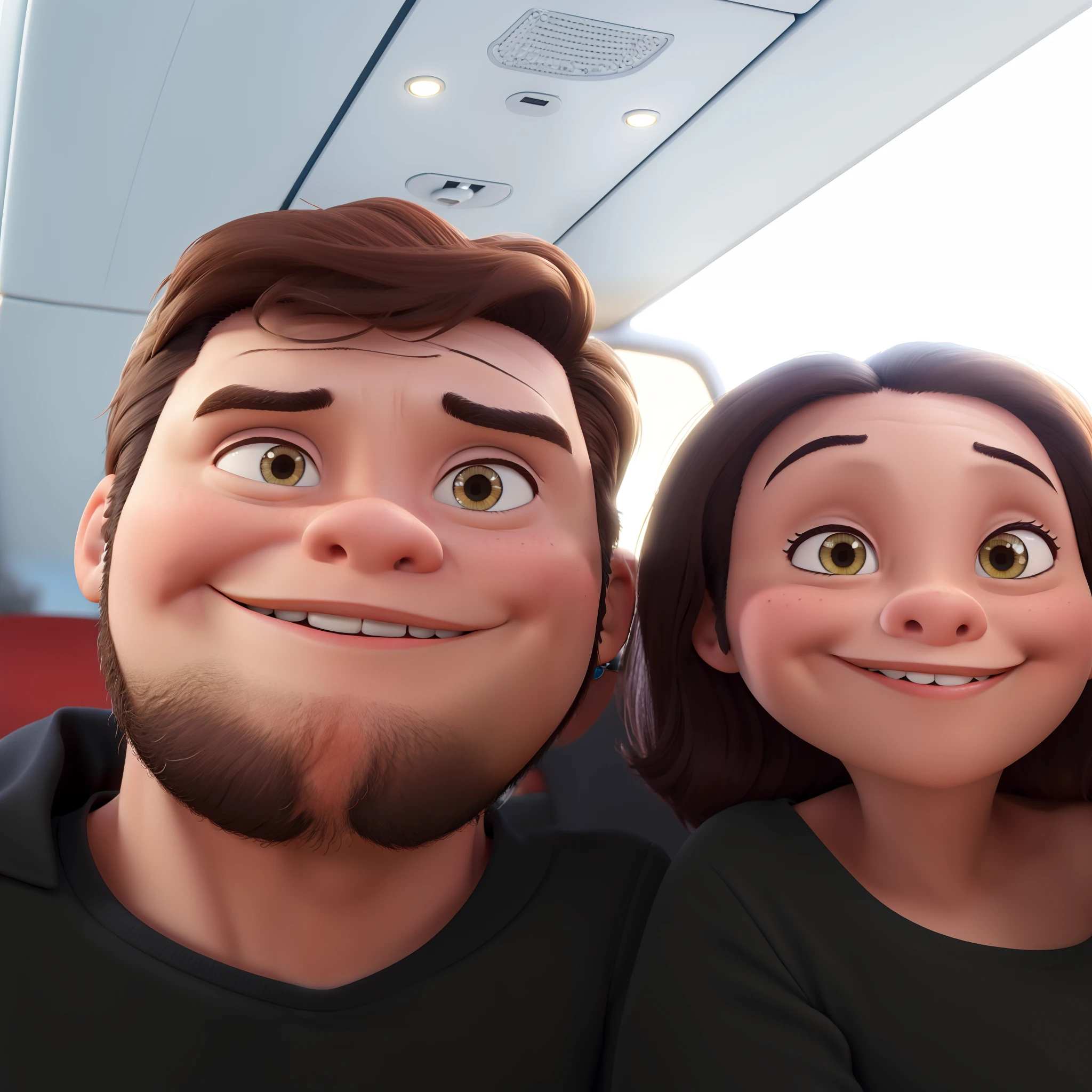 Casal com cabelos castanhos, sorrindo estilo Disney Pixar cartoon