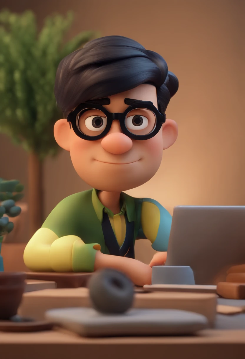 Cartoon character of a man wearing black glasses and a blue shirt, um personagem animado, Caractere estilizado, animation style rendering, 3D estilizado, Arnold Maya render, 3 d render stylized, toon render keyshot, Personagem 3D, Personagem 3D, 3d rendering stylized, 3 d character render, personagem de desenho animado, Personagem de close up, Pose de personagem, (Estilo Pixar) (master part:1.2) (Bokeh) (best quality) (pele detalhada) (textura detalhada) (8k) (argila) (Cinematic lighting) (foco nítido，Senta e vaza a parte superior do corpo