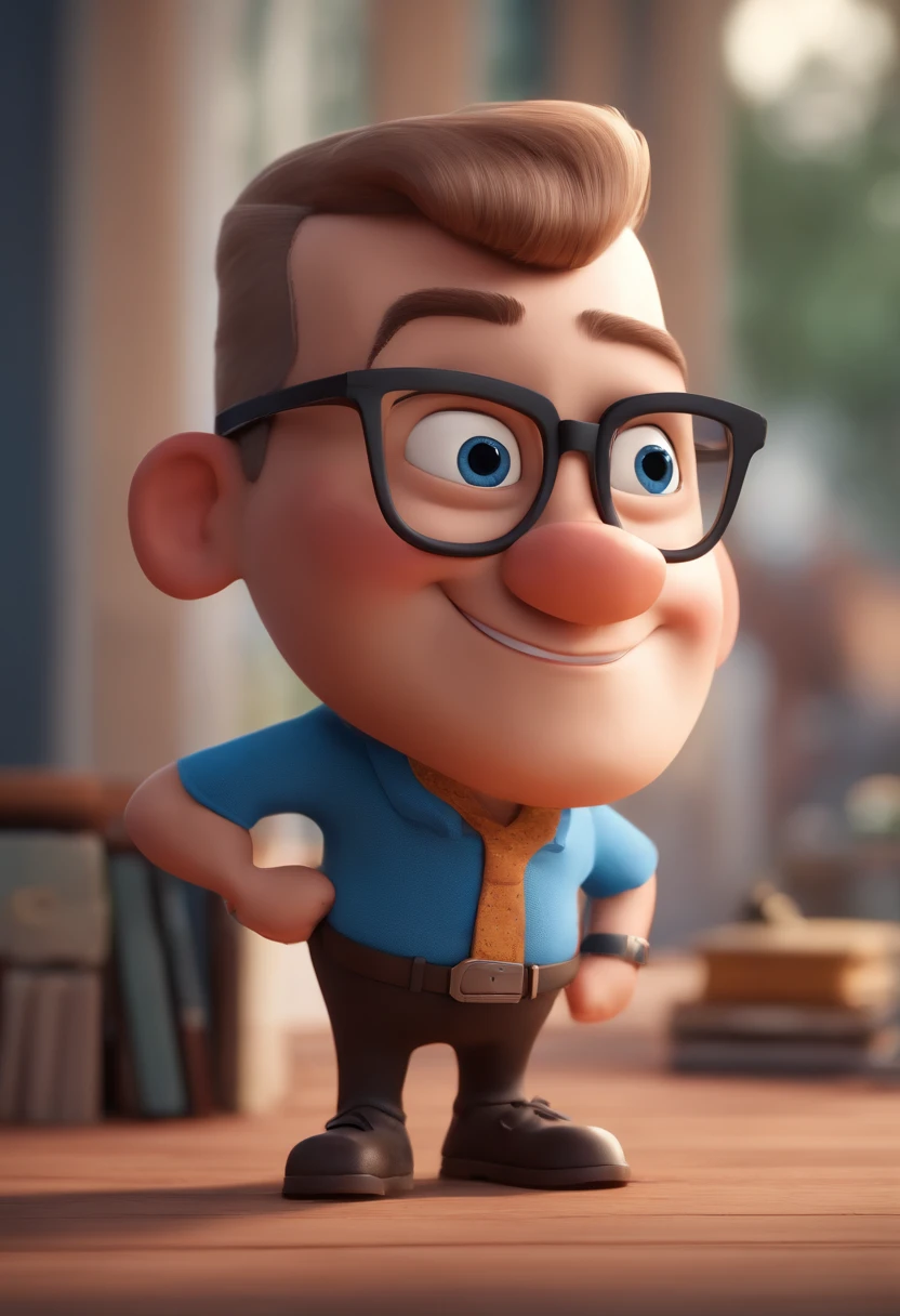 Cartoon character of a man with black glasses and a blue shirt, animation character, Caractere estilizado, animation style rendering, 3D estilizado, Arnold Maya render, 3 d render stylized, toon render keyshot, Personagem 3D, Personagem 3D, 3d rendering stylized, 3 d character render, personagem de desenho animado, Personagem de close up, Pose de personagem, (Estilo Pixar) (master part:1.2) (Bokeh) (best quality) (pele detalhada) (textura detalhada) (8k) (argila) (Cinematic lighting) (foco nítido