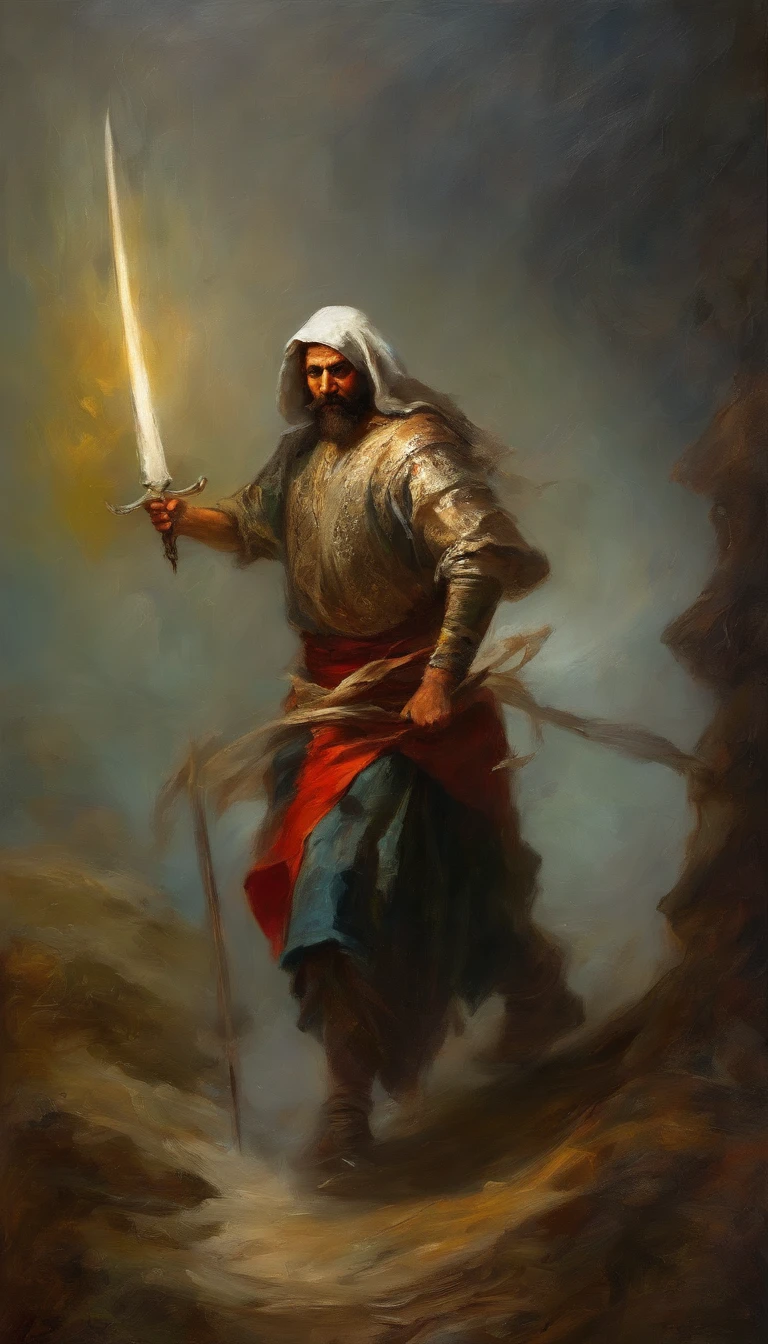 pintura do arcanjo Miguel segurando uma espada no ceu aos olhos de Deus, realista, enfrentando lucifer, 8k,