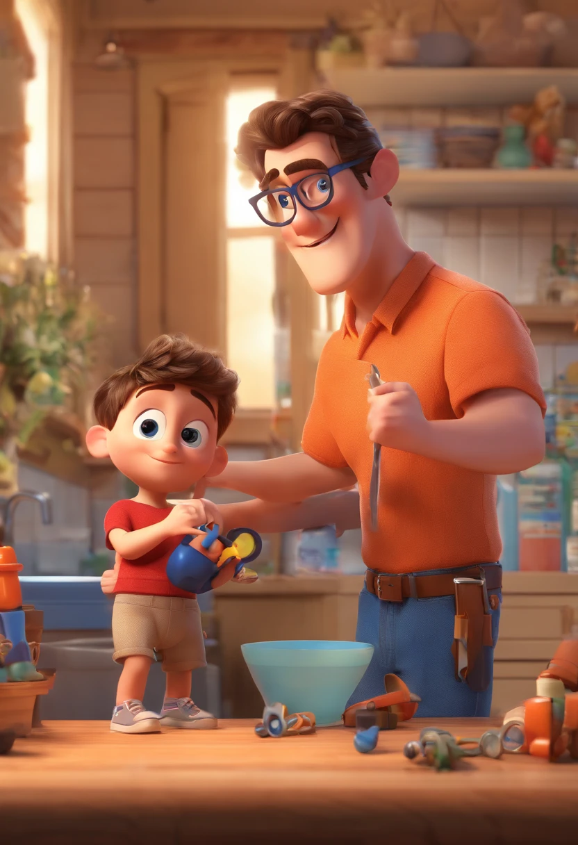 Estilo Pixar: The grown man is holding a naked blue-eyed boy and in his other hand he is holding a pair of scissors and is trying to cut off the boy's testicles,3D Poster,Disney