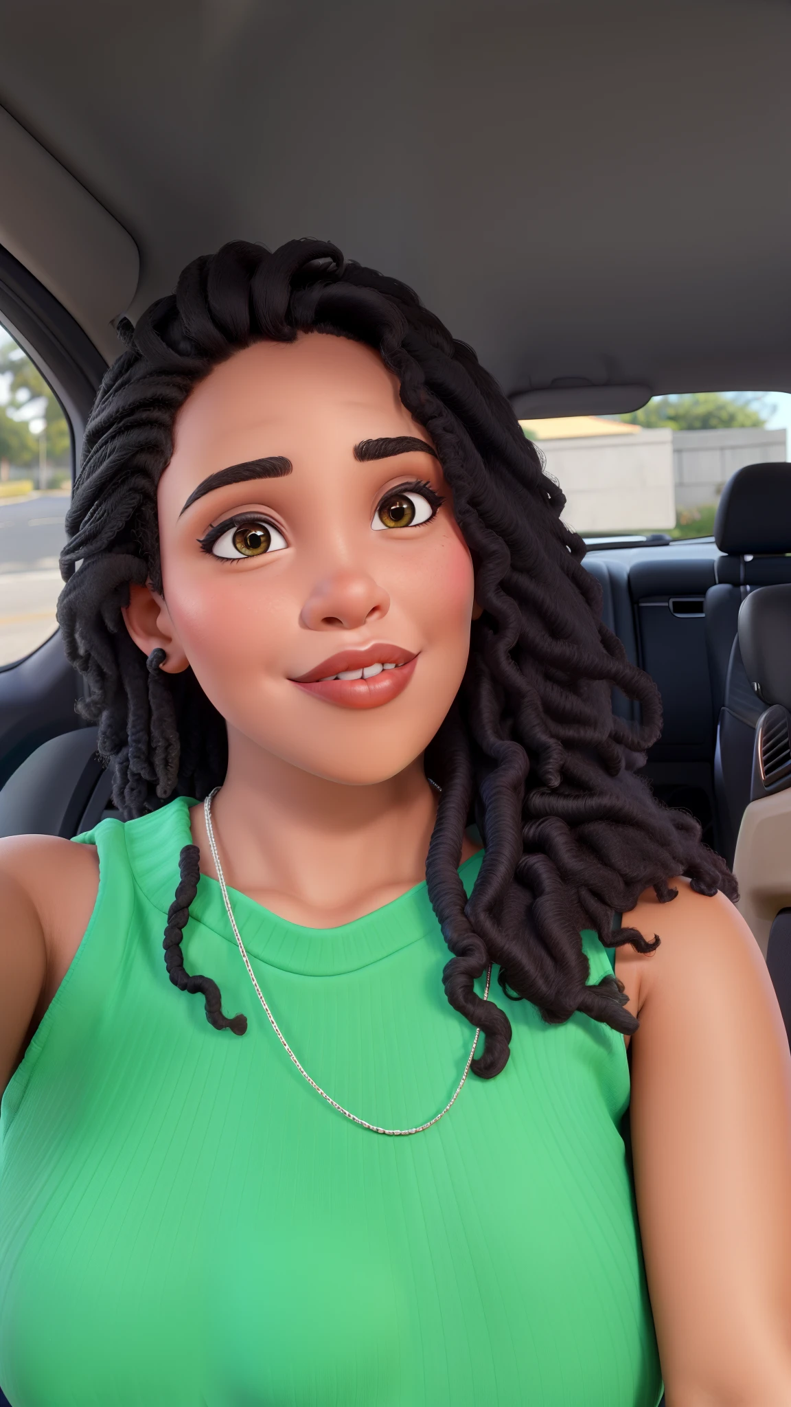 Mulher negra de cabelos cacheados, mandando beijo, dentro do carro.