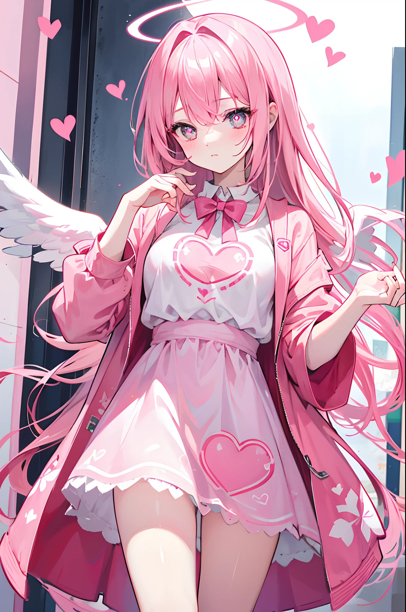 Pink hair, redeyes, heart-shaped pupils, hearts printed on clothes, pinkdress, pinkandwhitecolor scheme, Valentine's Day, angel, wings, halo,4K