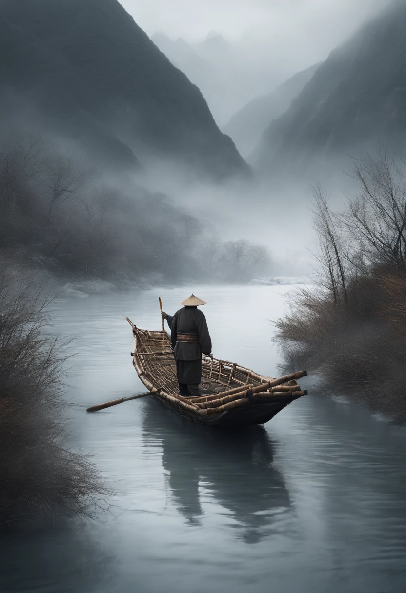 Desolate No people Thousands of mountains Extinct Bamboo Row Prospect Old Man Dressed in Bamboo Raft Fishing Ice and Snow Weather Extremely Cold Gloomy Weather Best Quality, Ultra-high resolution, 4K detailed ink flowers, Chinese painting style