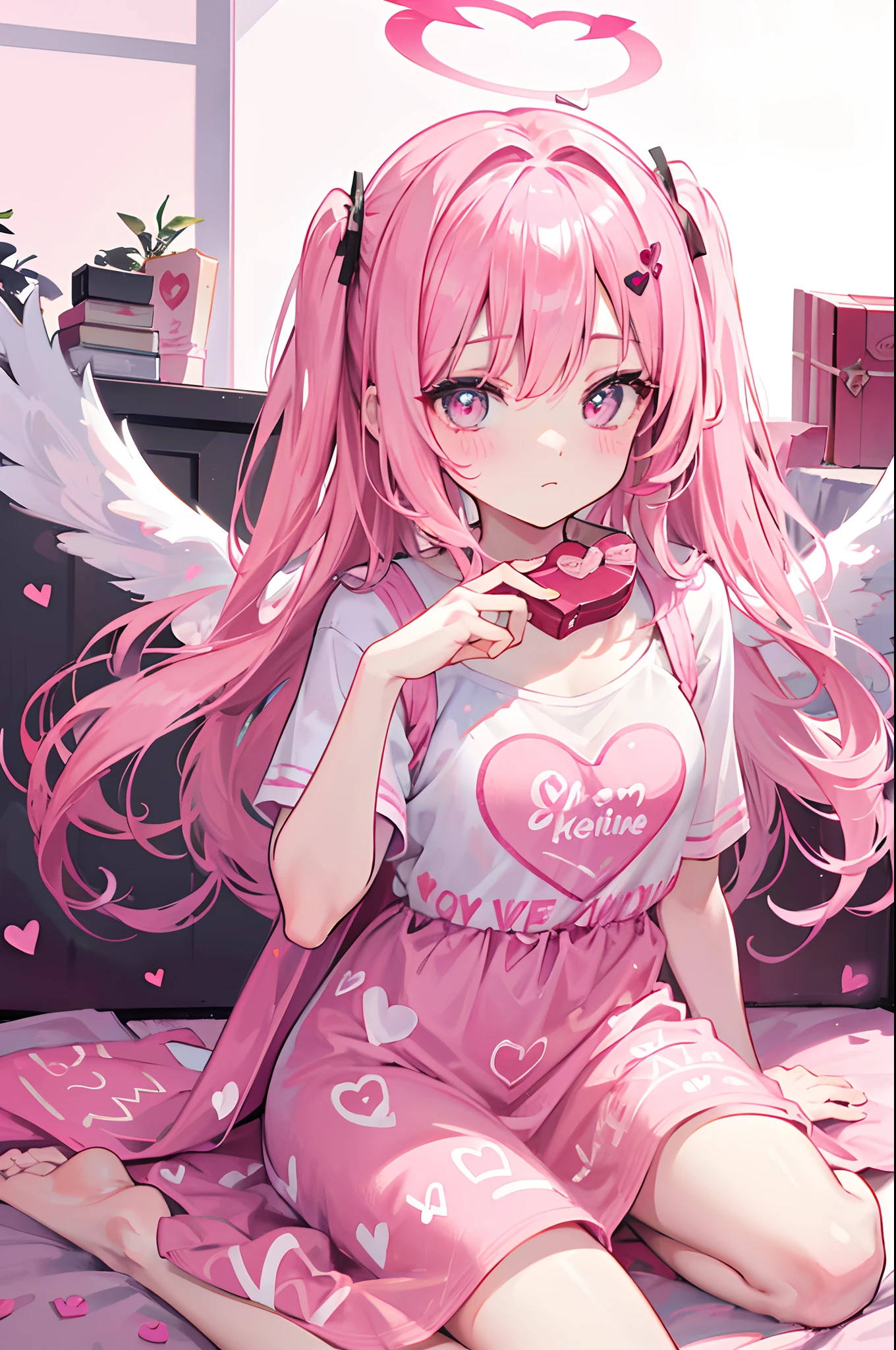 Pink hair, redeyes, heart-shaped pupils, hearts printed on clothes, pinkdress, pinkandwhitecolor scheme, Valentine's Day, angel, wings, halo,4K