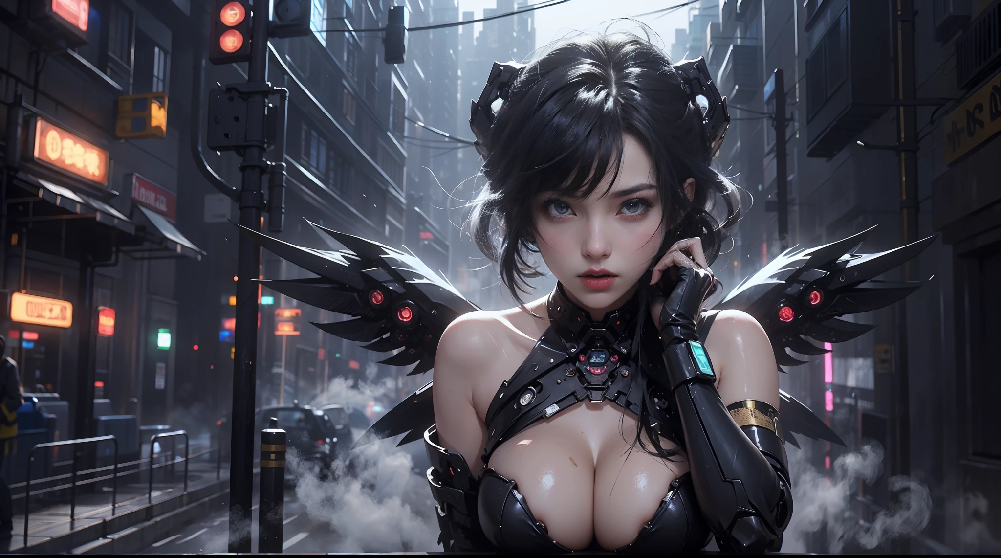 1girll,Solo,mediuml breasts,Mechanical wings (Shiny black hair),Half-human, half machine, (cleavage), Slim and sexy body, hyper HD, 8K,dramatics,(Mid-range portrait),The city of the future,street corner,the night,Sateen,volume fog,steamy