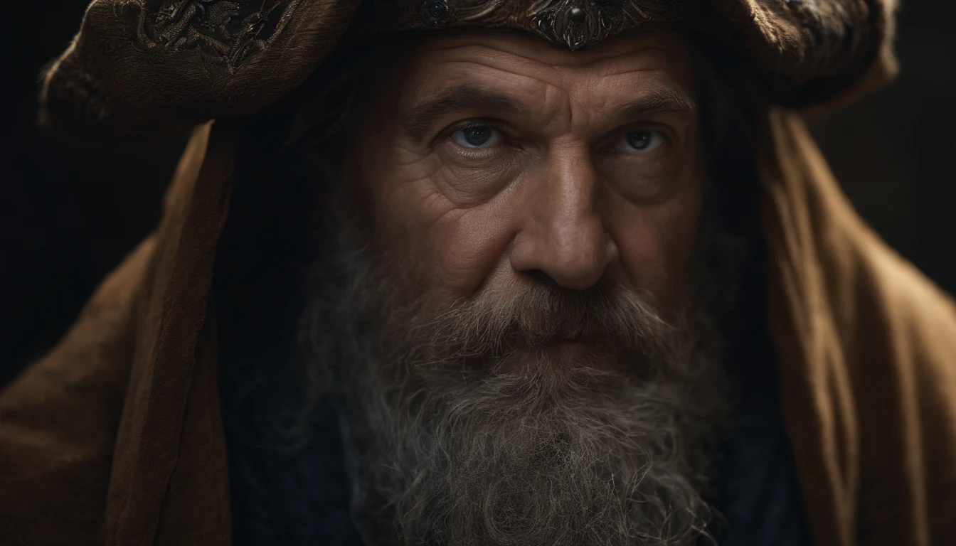 A portrait of a wizard, bearded, wrinkled, weathered, with piercing eyes, detailed face, high details, photography, dark studio, rim light, Nikon D850, 50mm, f/1.4