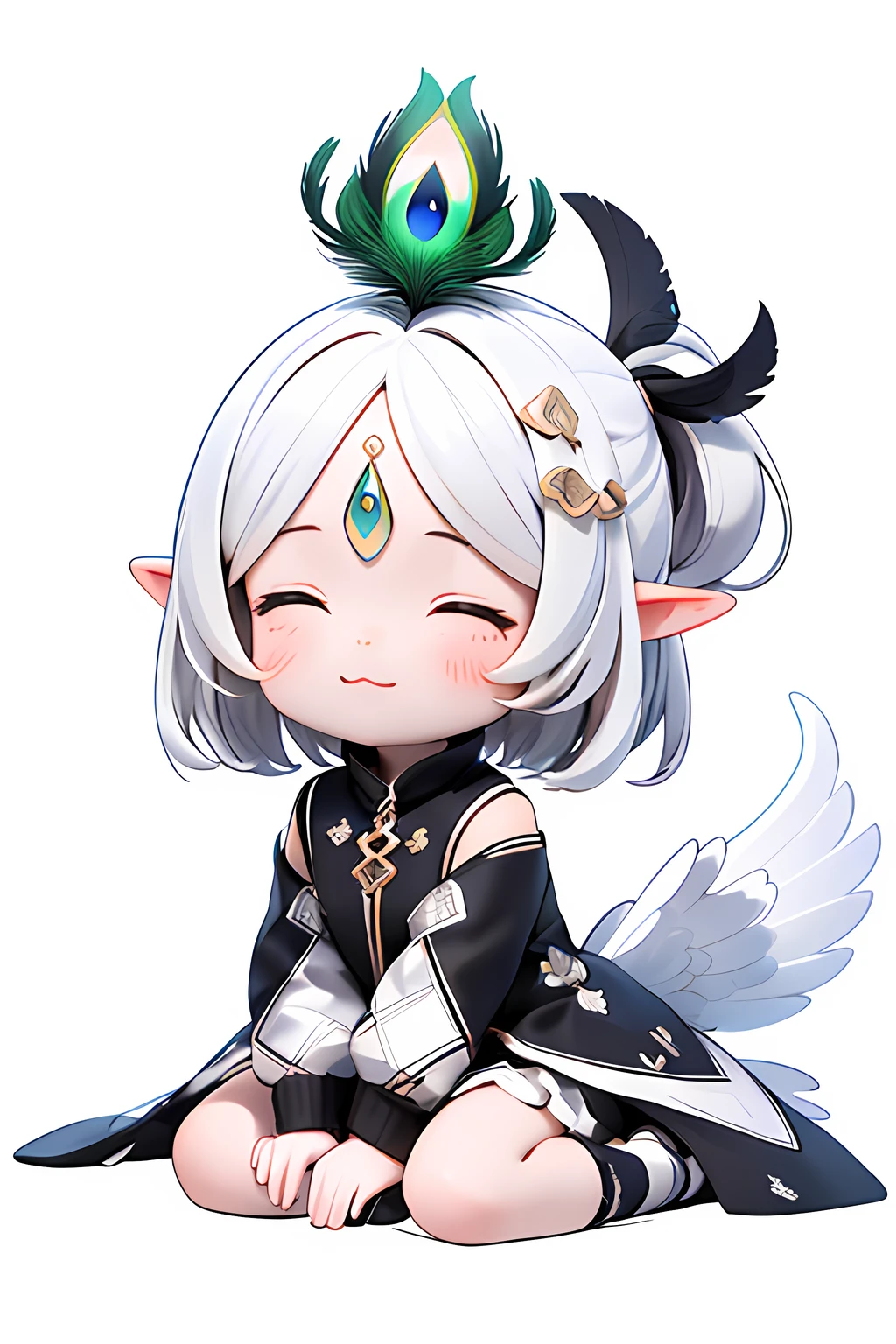 (Best quality, A high resolution, Masterpiece:1.2), Black and white, Q version 2 girl, "Peacock elements", "Peacock tail", "Whole body", Cute face, updo-hairstyle, closing her eyes, Comfortable appearance, White color hair, "Sit on your knees", "Clothes made of feathers", White hair, Short hair, There is a circular pattern in the center of the eyebrows, A high resolution, White background, Mono Color, Line drawings, ((Sketch)), feathers hair ornament, "Peacock tail", forehead jewel, forehead mark, long and pointed ears, High detail, 4K, Super detail, High quality