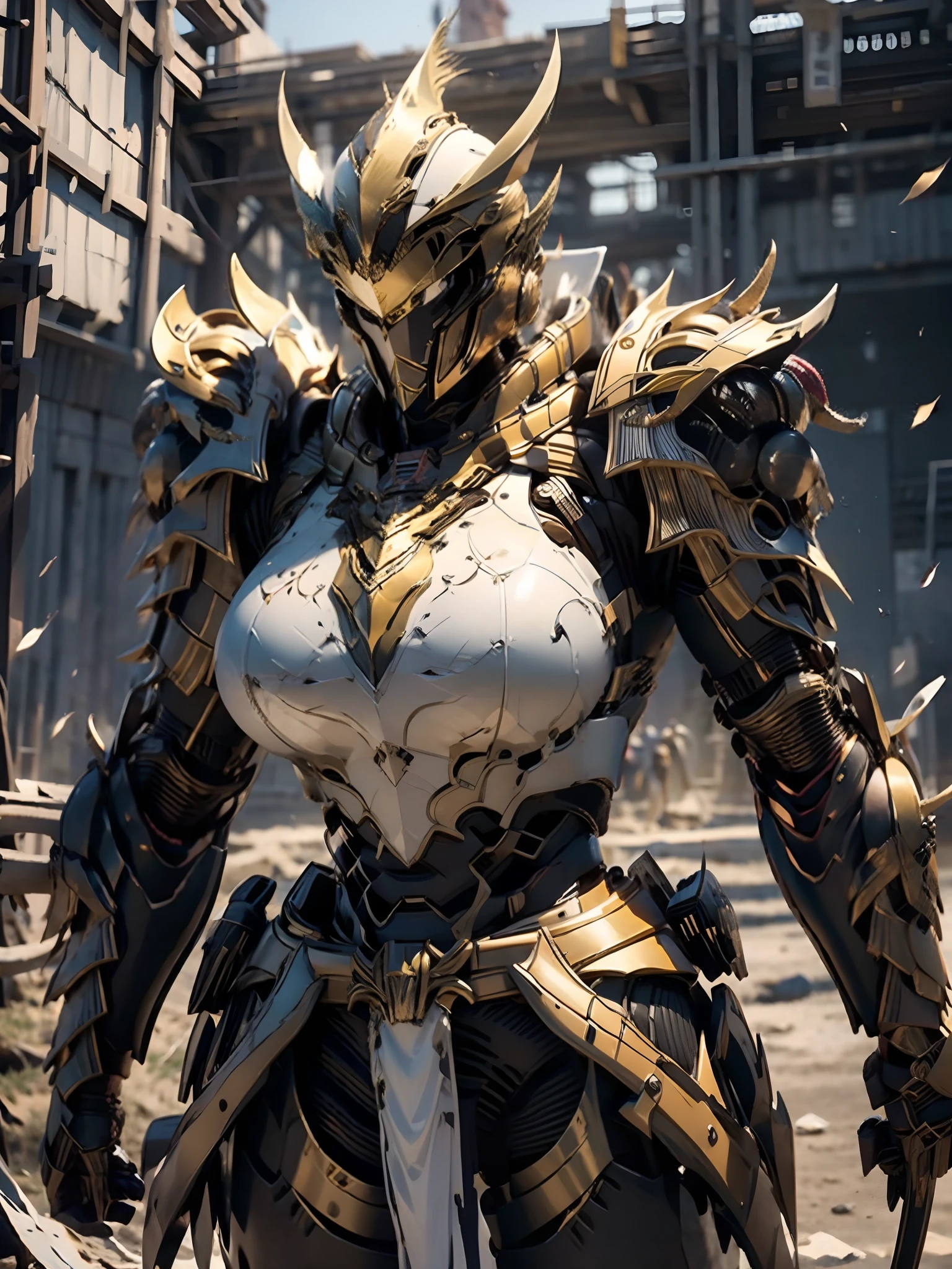 a beautiful golden-greek-armored warrioress, jet-black hair, spartan helmet, muscular, huge and heavy breasts, looking at viewer, modelshot pose, masterpiece, best quality, 8k, blurred background, medieval fantasy castle in the background