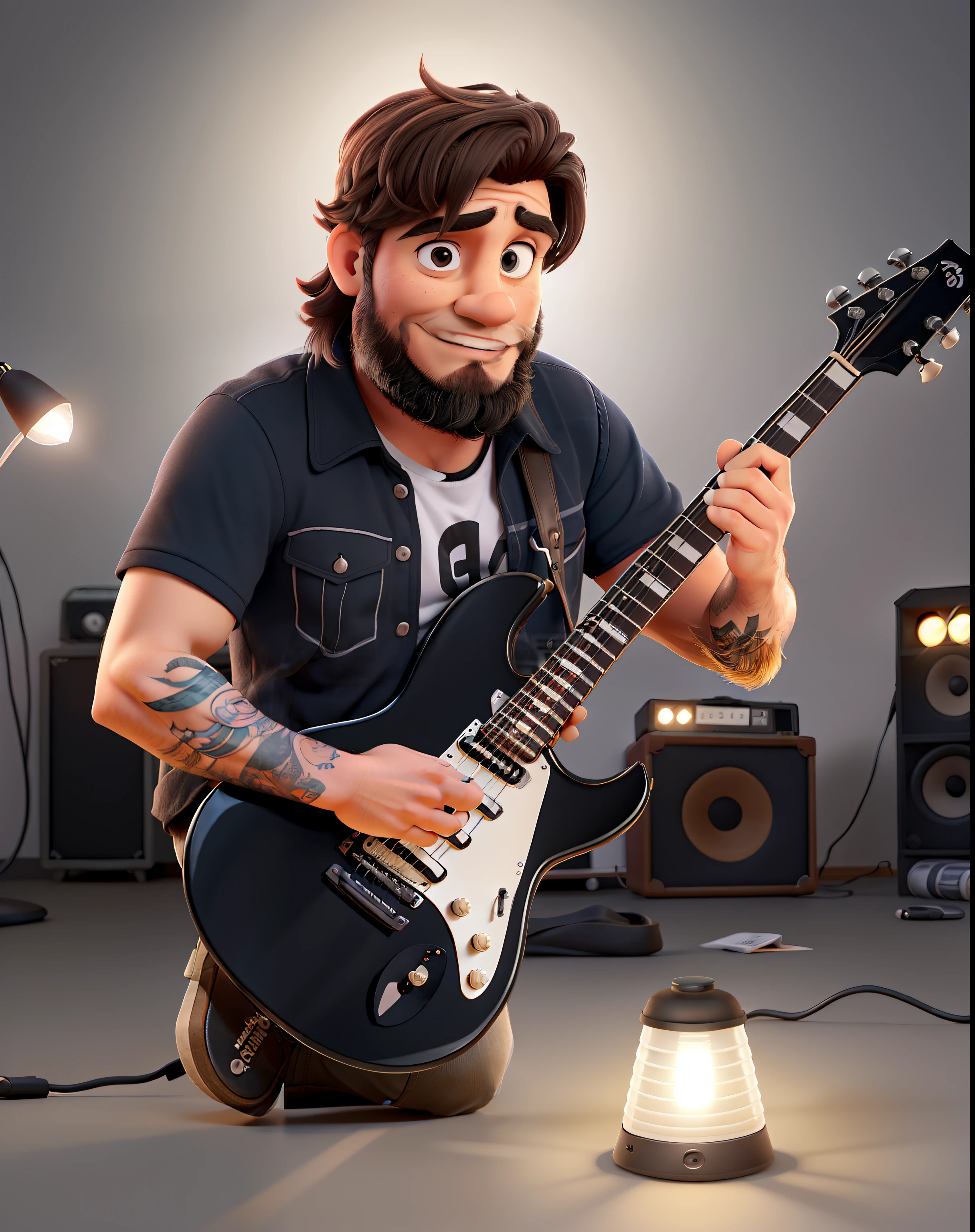 Um homem de 41 anos, barbudo e com estilo de rock and roll, With a black guitar on the floor next to him, parado na frente de umas pessoas ao fundo encantadas com ele, illuminated by the light of a lamp, set against the backdrop of an incredible concert stage