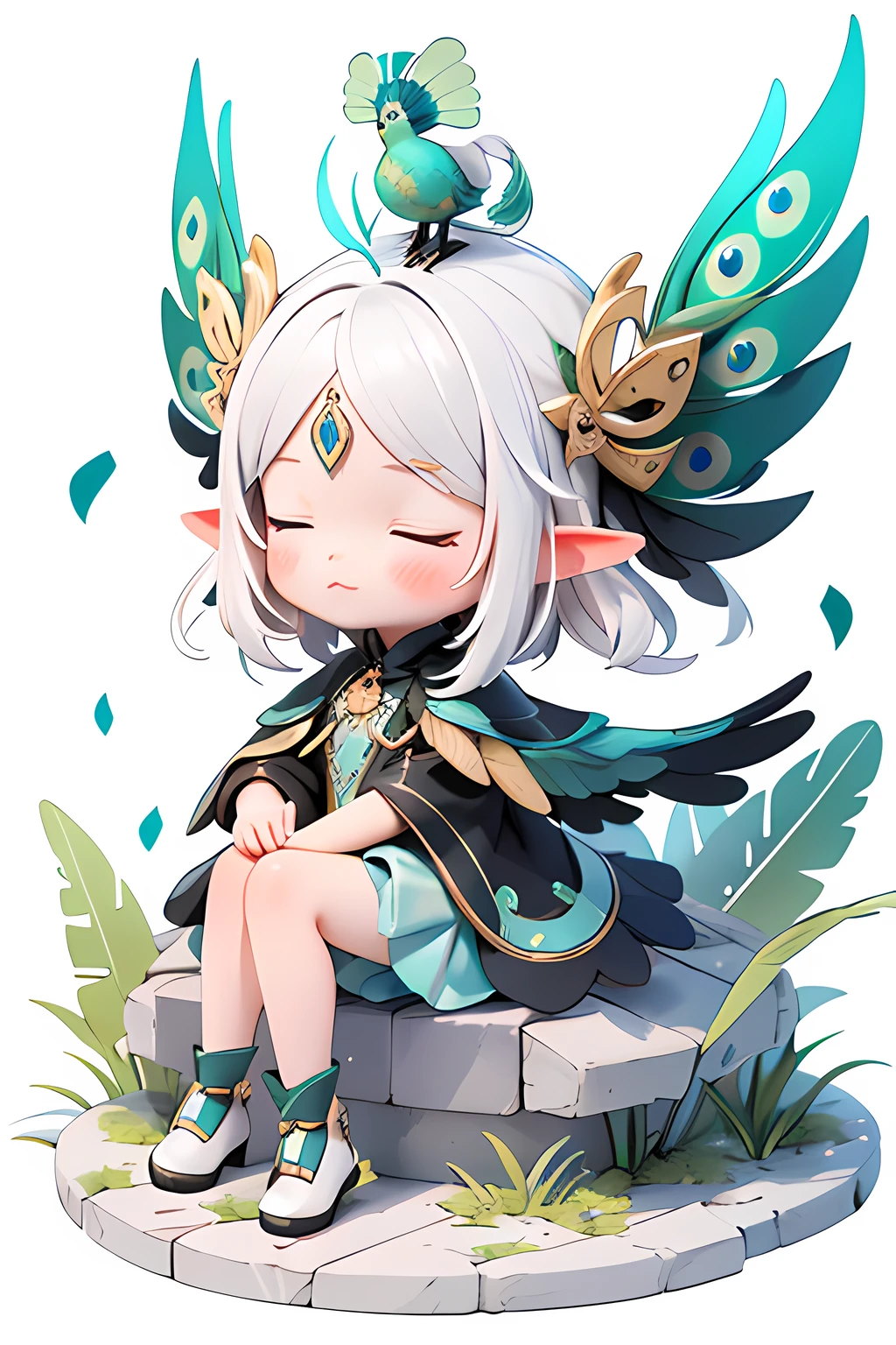 (Best quality, A high resolution, Masterpiece:1.2), Black and white, Q version 2 year old girl, "Peacock elements", "Peacock tail", "Whole body", Cute face, updo-hairstyle, closing her eyes, Comfortable appearance, White color hair, "Sit on your knees", "Clothes made of feathers", White hair, Short hair, There is a circular pattern in the center of the eyebrows, A high resolution, White background, Mono Color, Line drawings, ((Sketch)), feathers hair ornament, "Peacock tail", forehead jewel, forehead mark, long and pointed ears, High detail, 4K, Super detail, High quality