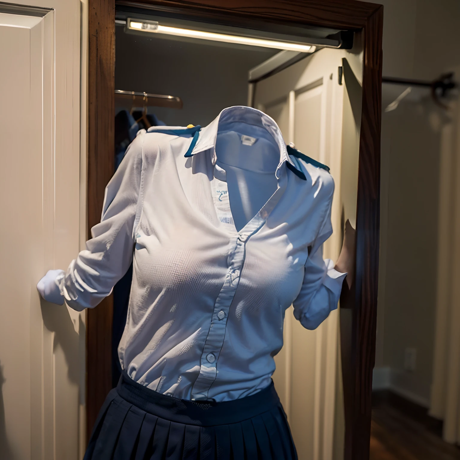 school uniforms on hanger in closet, ((invisible, no humans:1.5, headless:1.5, handless, legless:1.5)), cute , (close-up to ),
(8k, RAW photo, best quality, masterpiece:1.2), (realistic, photo-realistic:1.37),photon mapping, radiosity, ((Hasselblad photography)), physically-based rendering,