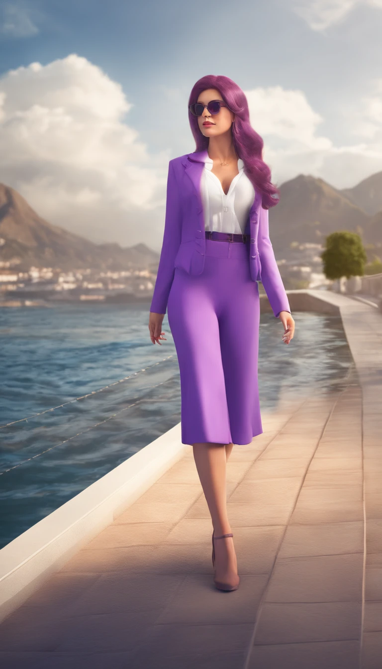 master part, best quality,Cfc, 1girl, franja, somente_Ombros, saia, seios, Luvas, jewelries, grande_seios, Longas_Hair, Longas_Mangas, knee tights, Purple_olho, Purple_Hair, camisa, sozinho,visualizador,sun glasses,sbikini, (sol, Cloud,renaissance city around water,ao ar livre :1.1),renderizado no liquidificador((isometric)),