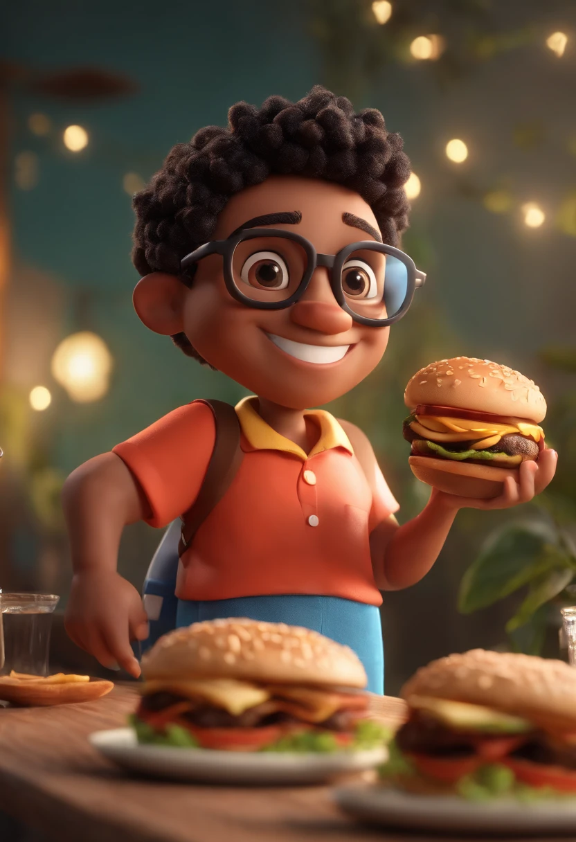 Cartoon character of a boy with black glasses, sorrindo, camisa preta, Holding a Hamburger Animation Character, Caractere estilizado, animation style rendering, 3D estilizado, Arnold Maya render, 3 d render stylized, toon render keyshot, Personagem 3D, Personagem 3D, 3d rendering stylized, 3 d character render, personagem de desenho animado, Personagem de close up, Pose de personagem, (Estilo Pixar) (master part:1.2) (Bokeh) (best quality) (pele detalhada) (textura detalhada) (8k) (argila) (Cinematic lighting) (foco nítido