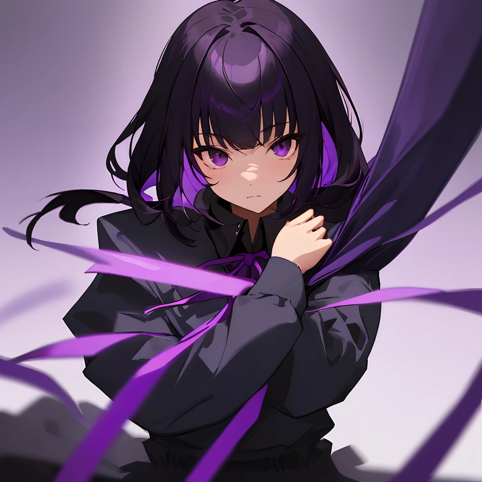 young girl, long dark purple or black hair, violet eyes, Black Rich Closed Clothing, Masterpiece, hiquality, high detail, HD, 4k