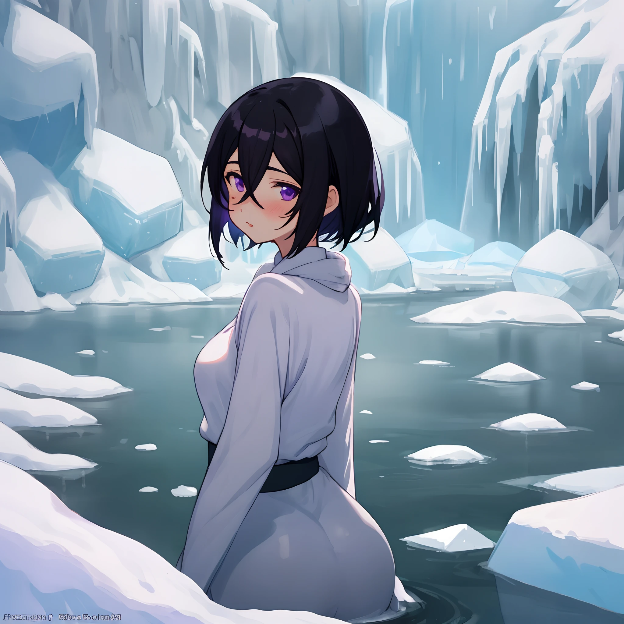 1girl, nsfw, sajouayaka, black hair, short hair, Blue eyes,, large breasts, , , empty eyes , large breasts, nipple, , Peeing, lactation, projectile lactation, floating island, sunset, Mountain Hot Spring, castle,  frozen, wet, crying ,, Naked, , (1girl) ,solo