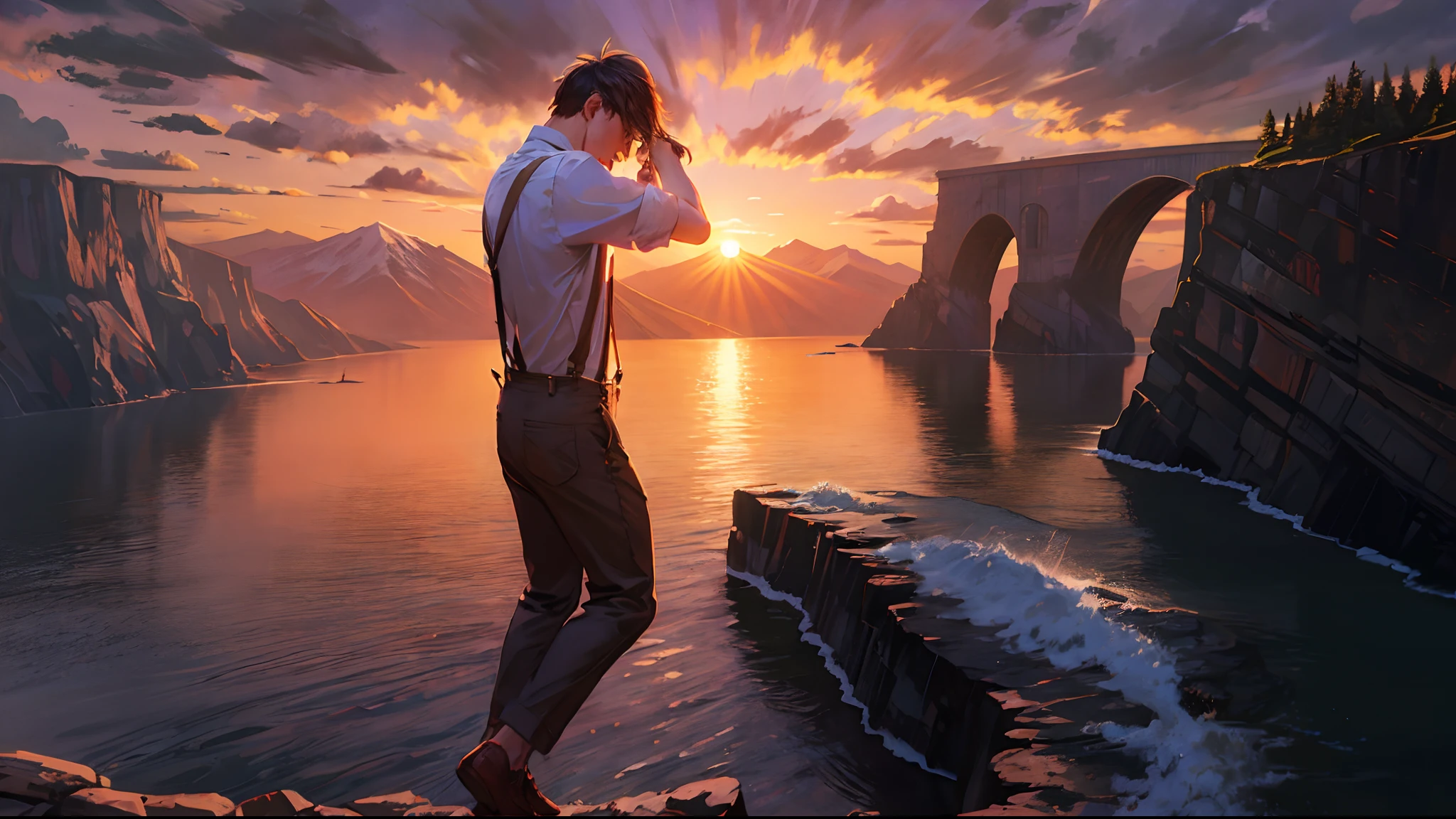 the sunset,eventide,Big Mountain,Medium short hair,Suspenders,Put your feet on the ground,,Iron Mountain Back,In front of the man is a cliff(45%Look up)