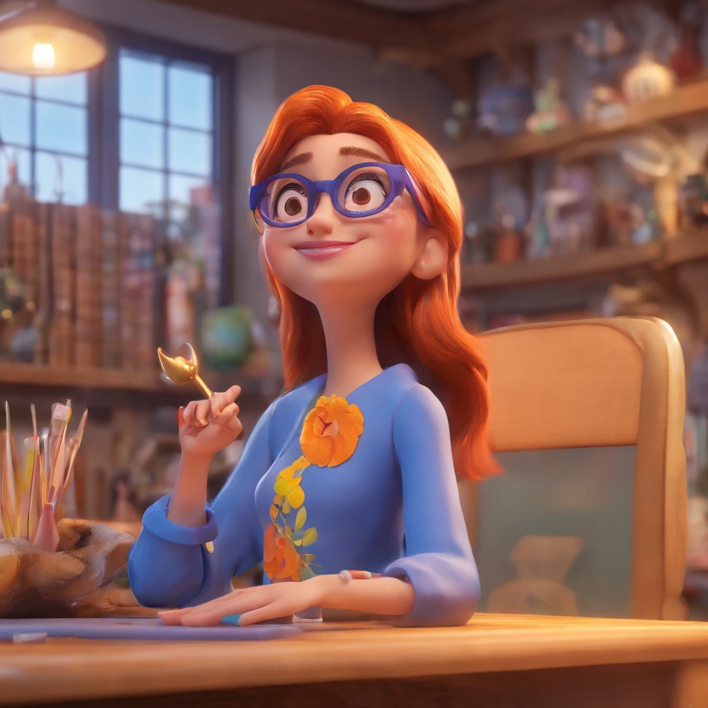 Crie uma cena de desenho animado estilo 3d -Pixar, Where a 15-year-old lyre girl wearing lipstick glasses, tem olhos pequenos e meio baixinha
