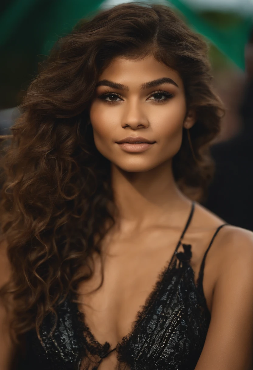 Imagem de uma mulher 20 anos, com o aspecto dos olhos estilo Zendaya, possui cabelos pretos lisos e curtos e com uma franja curta na altura dos olhos, Indigenous appearance, pensativa,