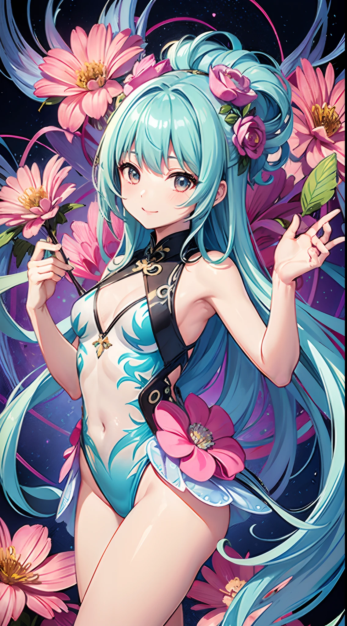 (​masterpiece、top-quality、top-quality、Official art、Beautifully Aesthetic:1.2)、(1girl in:1.3)Light blue long hair、Twin-tailed、adorable smiling、ighly detailed、(Fractal Art:1.1)、(colourfull:1.1)(florals:1.3)、highestdetailed、(Zentangle:1.2)、(dynamicposes)、(Abstract background:1.3)、(shinny skin)、(Many colors:1.4)、、(耳Nipple Ring)、(pluma:1.5)、White background、See-Through Phoenix Leotard