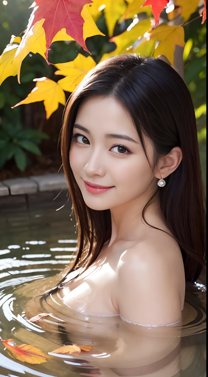 (A hyper-realistic), (hight resolution), (8K), (ighly detailed), (beatiful detailed eyes), (top-quality), (ultra-detailliert), (masterpiece), (Detailed face), (masutepiece、Photoreal Stick)(masterpiece:1.3)、A tourist destination with beautiful autumn leaves、A venerable luxury hot spring inn、Luxurious Japanese-style room with open-air bath、A very beautiful woman is taking a bath、With a very beautiful back、extremely beautiful lady、Detailed depiction of black hair, Skin and eyes、very beautiful back、Slightly red skin、Autumn leaves falling in the bathtub、Clear blue sky、In good weather、extremely beautiful lady、Staring at me、Woman smiling gently、On the face of Haruka Ayase、The ultra -The high-definition、Precise depiction、With an angle that looks like it was taken by a professional photographer、With proper lighting、