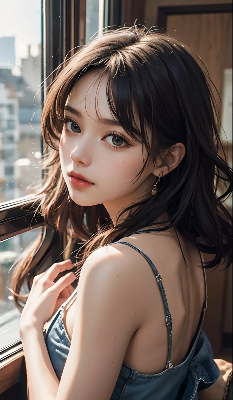 (1 girl:1.3),fotos fotorrealistas,fotorrealista:1.4 Arte oficial,Ultra - Detalhado,lindo e bonito,seios grandes lindos,tmasterpiece,melhor qualidade,sentado,Espalhe as pernas,dedos de camelo,hand behind head, ,(seios grandes com decote exposto),Dedos abertos, morena de cabelos cacheados