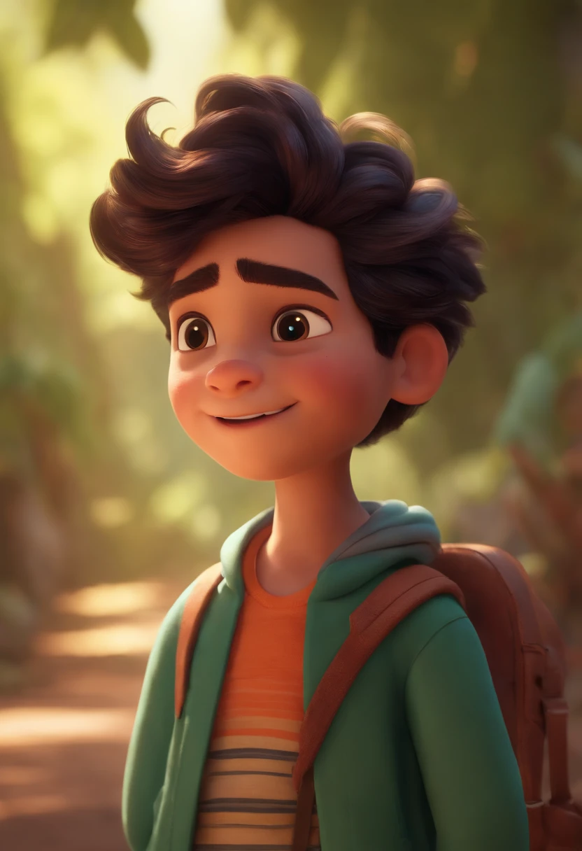 Image of a boy for a story in a YouTube video in Pixar format, He's the little allabester, He's the class leader, He's outgoing, Playful and gets up for a lot of things, cabelo curto