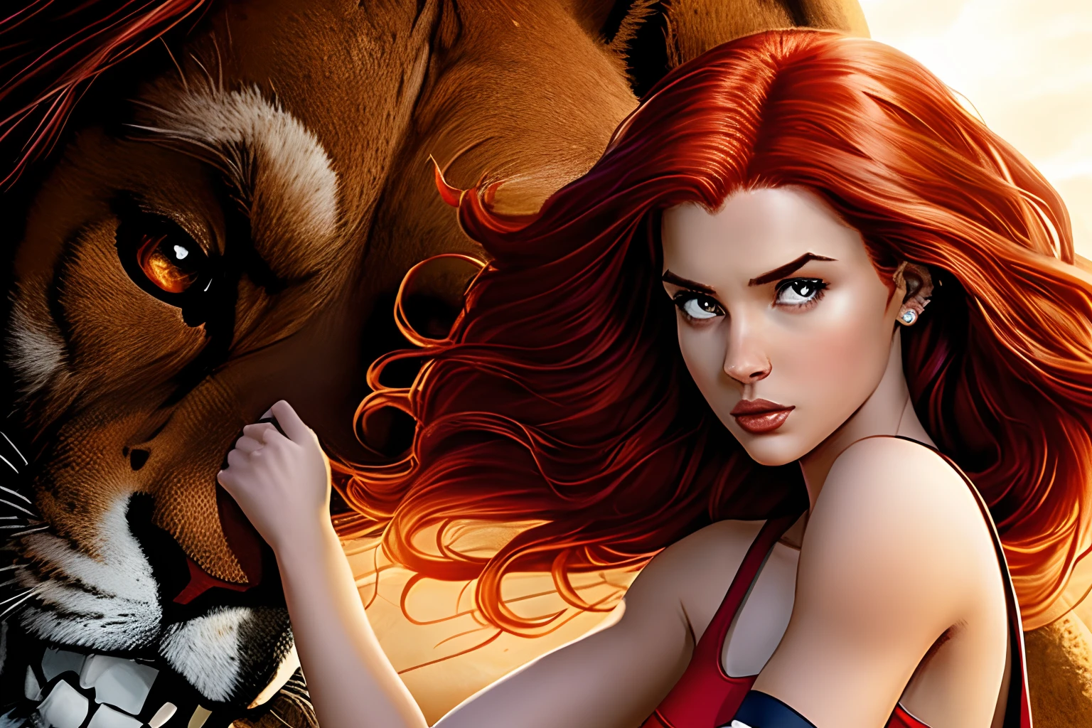 Pixar Poster main character is a red-haired girl with brown eyes, pele branca, piercing no nariz e na orelha, mexendo no iPhone e usando roupa social