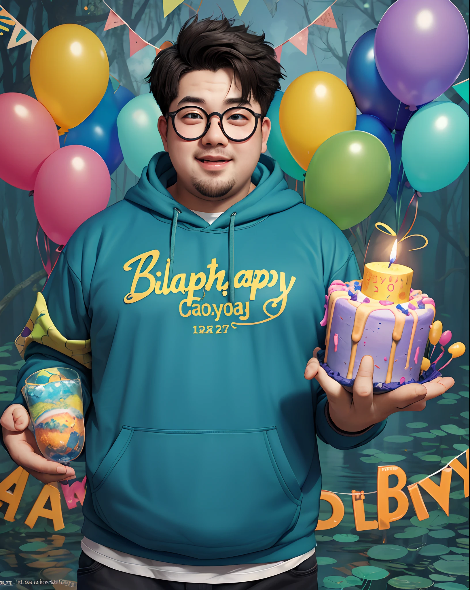 1boy, (apocalypse:1.2) fat boy with spectacles in hoody celebrate birthday party, Super detail and vibrant colors, Cake and candles super detailed, balloons decorations, (swamp_background:1.2)