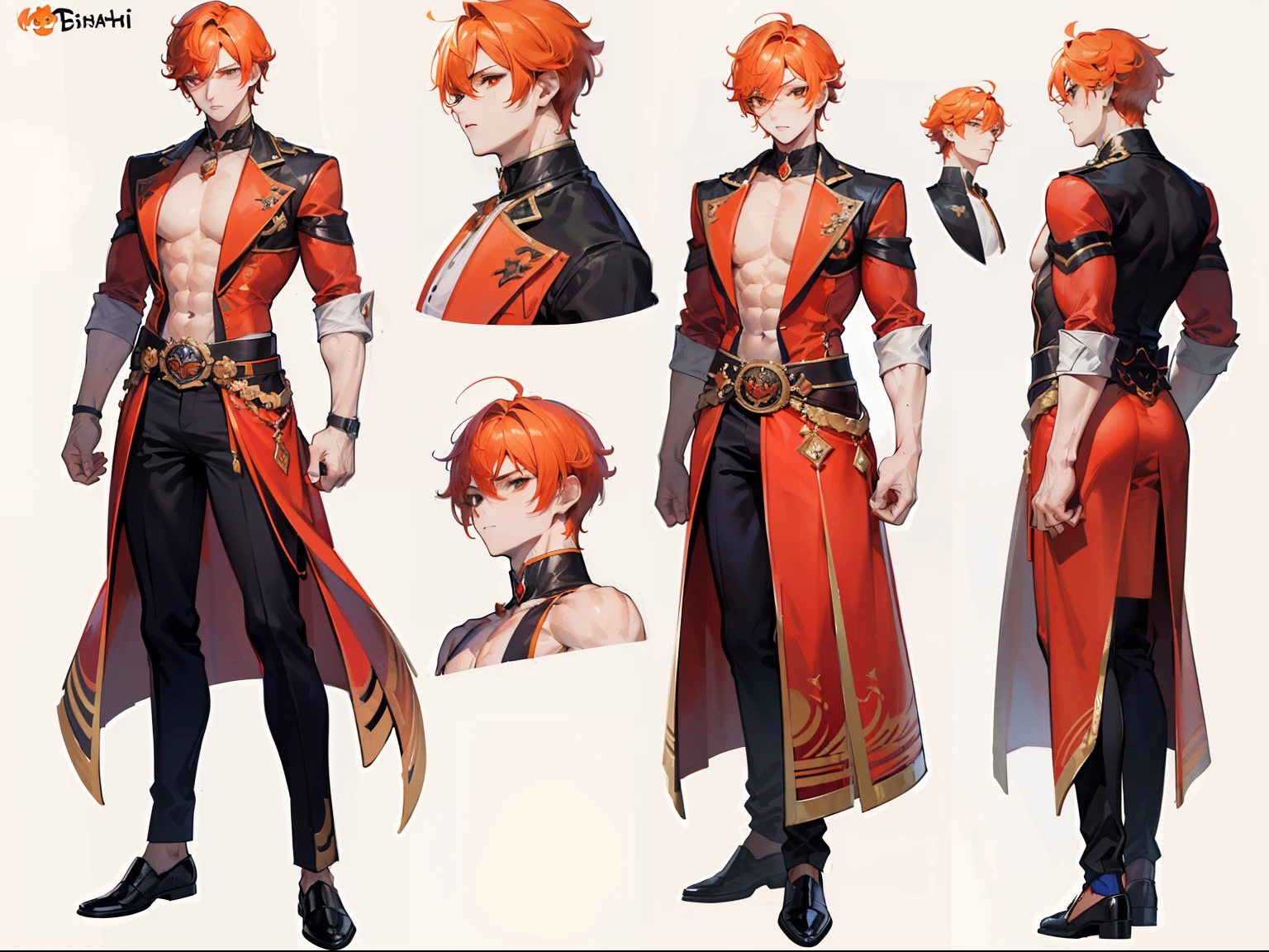 ((Masterpiece, Highest quality)), Male, boy, Detailed face, character design sheet,full body esbian, Full of details, frontal body view, back body view, Highly detailed, Depth, Many parts, Muscle boy with orange hair,handsome man, vampire outfit clothes, Genshin Impact, man tall, pectoral muscles, abs