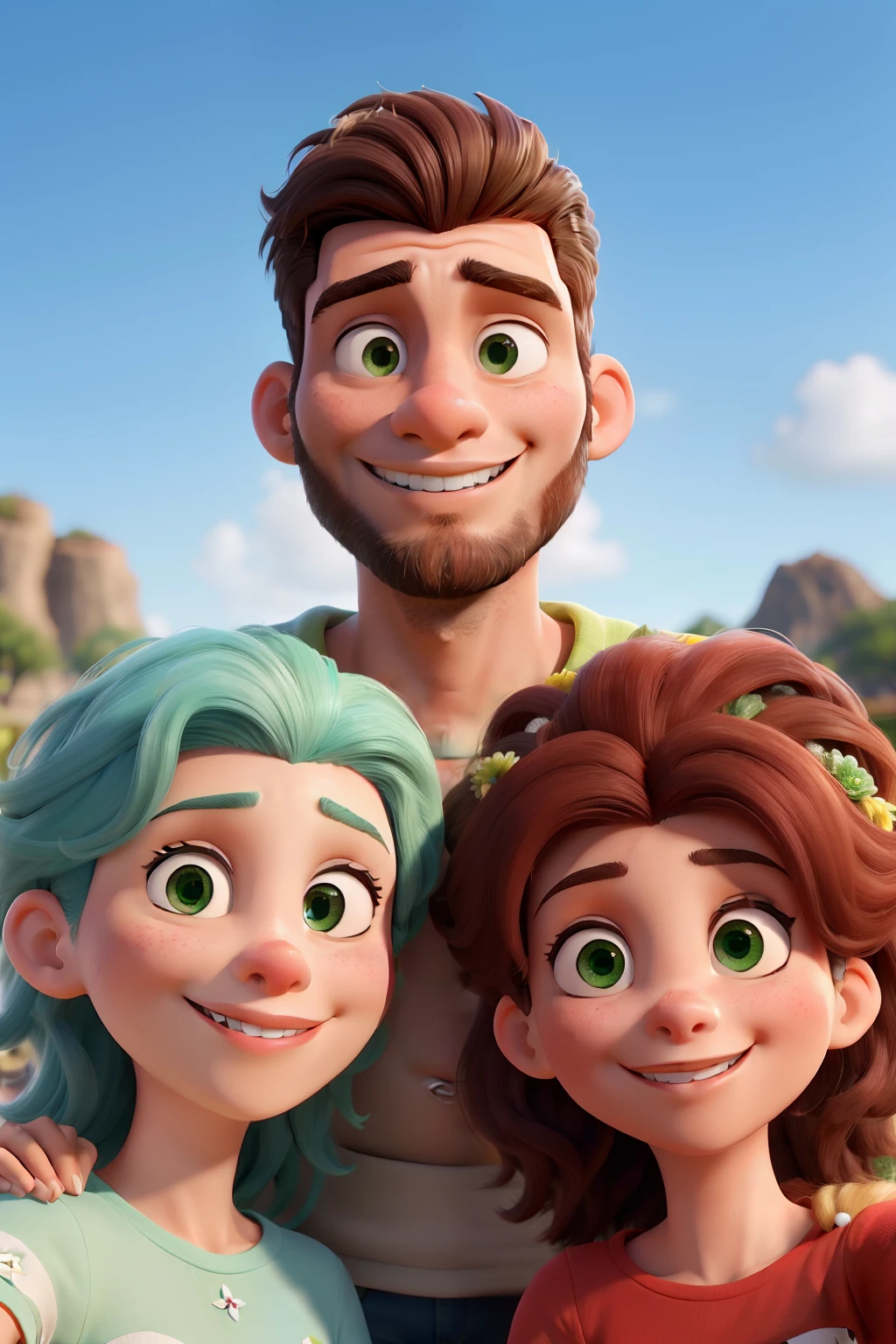 Obra-prima, de melhor qualidade, selfie de um casal jovem com cabelos castanhos e sorrindo.A mulher de olhos verdes e pele clara. O homem de olhos castanhos, beard only in the jaw area and fair skin.