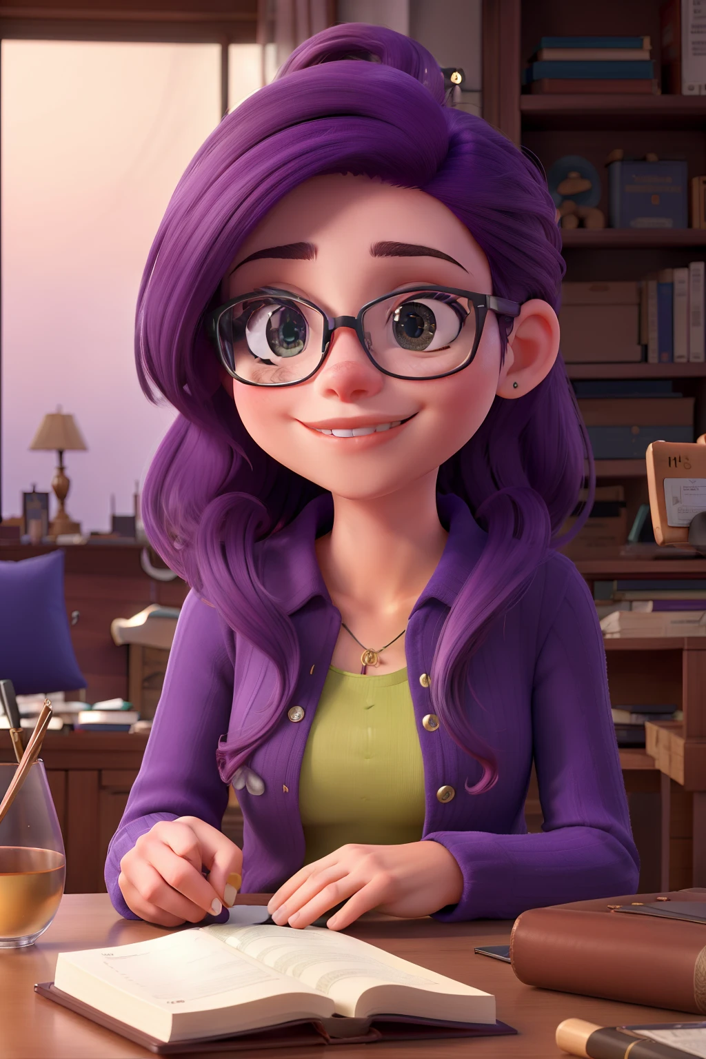 sala de hacker, mulher de cabelo roxo, oculos redondo bebendo vinho e lendo livro
