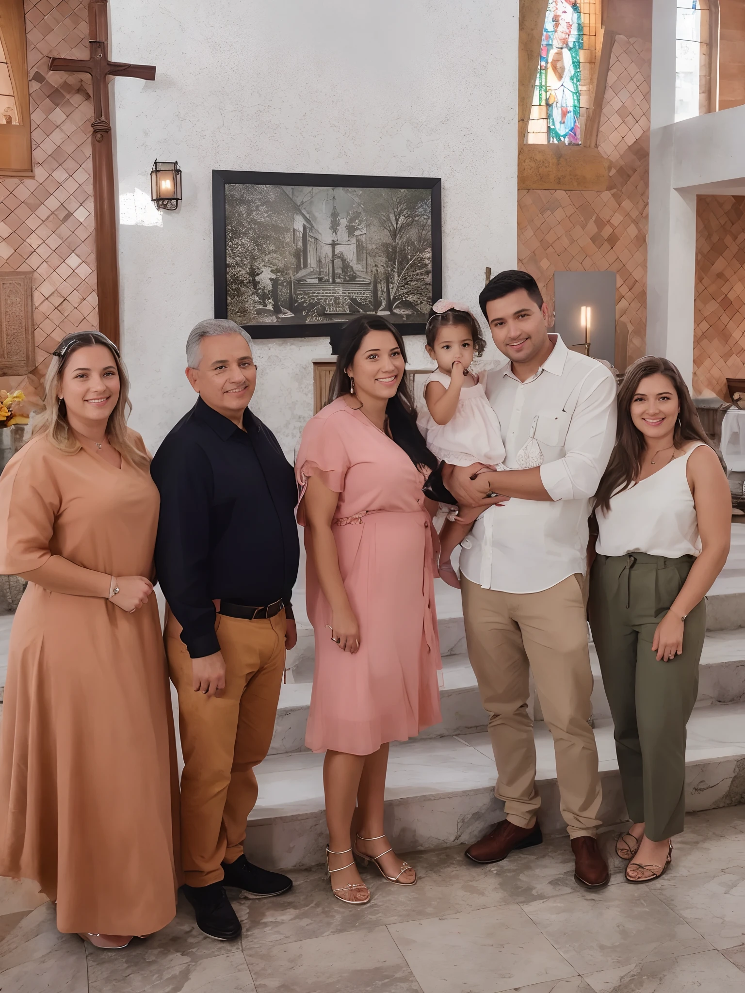There's a group of people together in a church, cor corrigida, batismo, foto colorida, family portrait, taken in the early 2020s, Directed by: Nandor Soldier, Jose Miguel Romano Francisca, imagem de qualidade muito baixa, em frente ao altar, imagem real, papai, Happy family, Family photo
