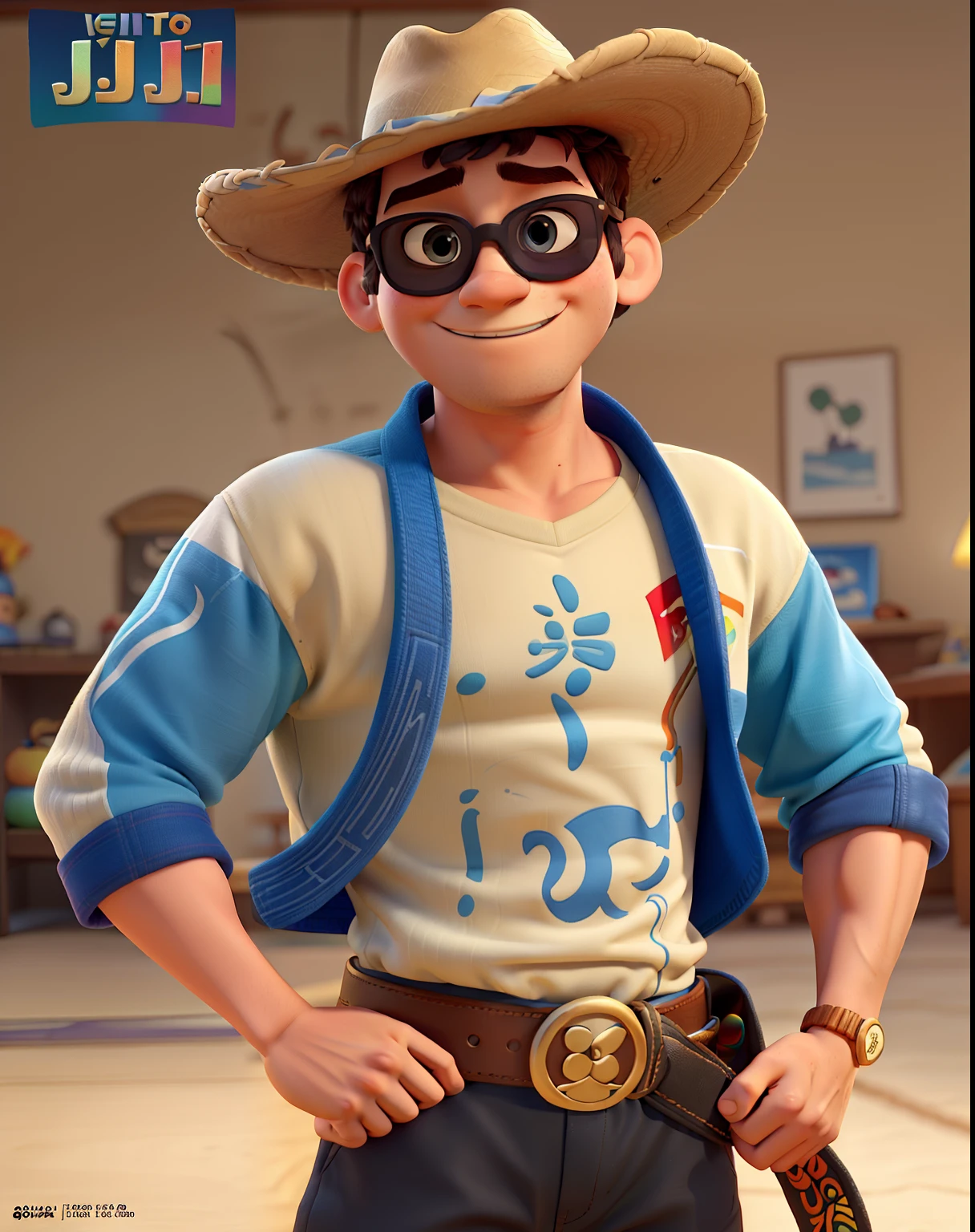 A Disney Pixar-inspired movie poster with title (Titulo Pablo ). ( Disney Pixar movie poster with the title: The Best White Belt
Dark-skinned boy wearing a country hat wearing sunglasses wearing a black jiu-jitsu kimono, in his right hand holding a white jiu-jitsu belt, on his neck two gold medals 3D drawing) the scene should be in the distinct digital art style of Pixar, with a focus on character expressions, vibrant colors, and detailed textures that are characteristic of the animations, with the title (Titulo )