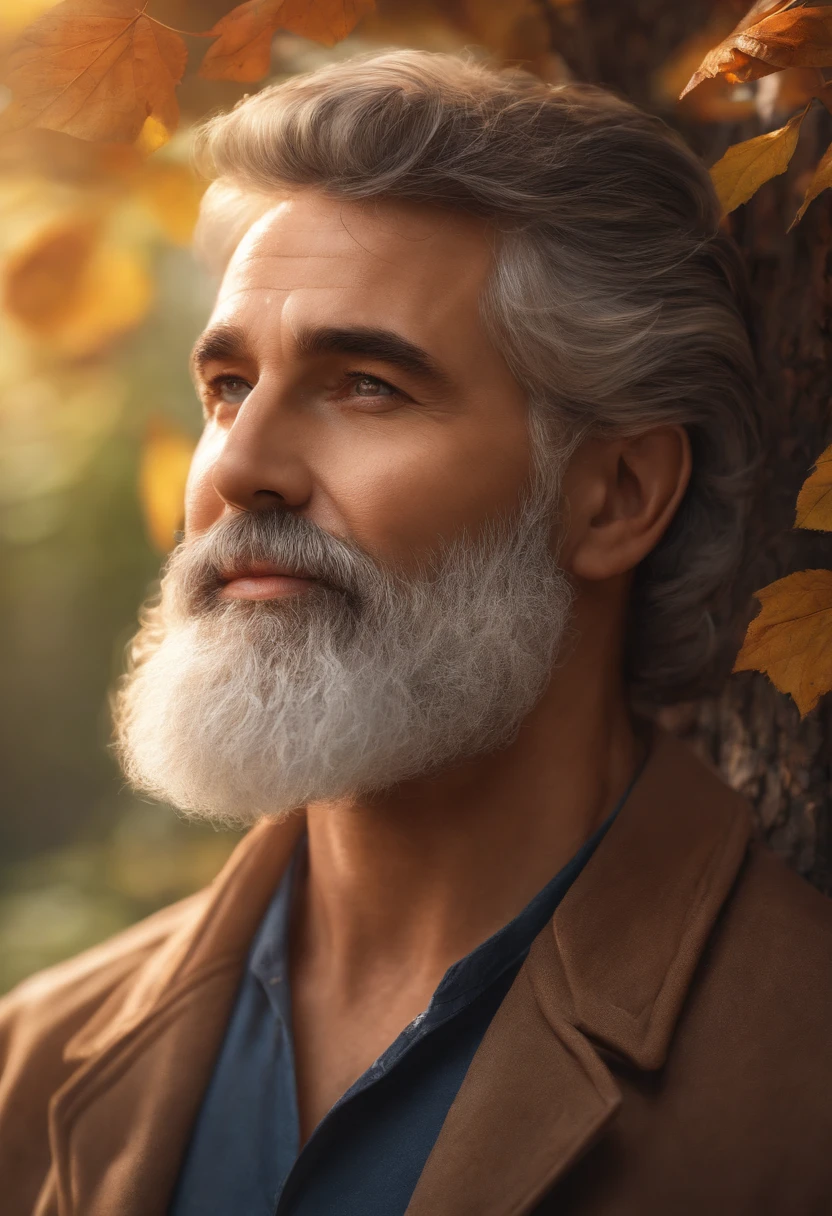 best quality,ultra-detailed,realistic:1.37,portrait,detailed eyes,detailed lips,sharp focus,natural lighting,colorful background,artist's brushstrokes,texture,beard,wrinkles,wisdom,confidence,age,character,expression,warm tones,sunlight streaming through trees,leafy garden,faca