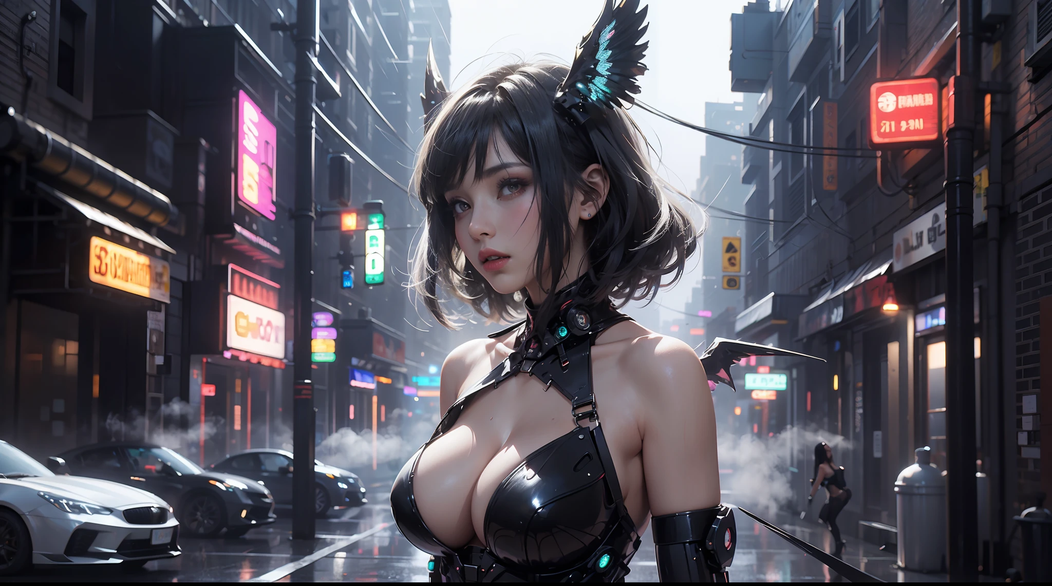 1girll,Solo,mediuml breasts,Mechanical wings (Shiny black hair),Half-human, half machine, (cleavage), Slim and sexy body, hyper HD, 8K,dramatics,(Mid-range portrait),The city of the future,street corner,the night,Sateen,volume fog,steamy