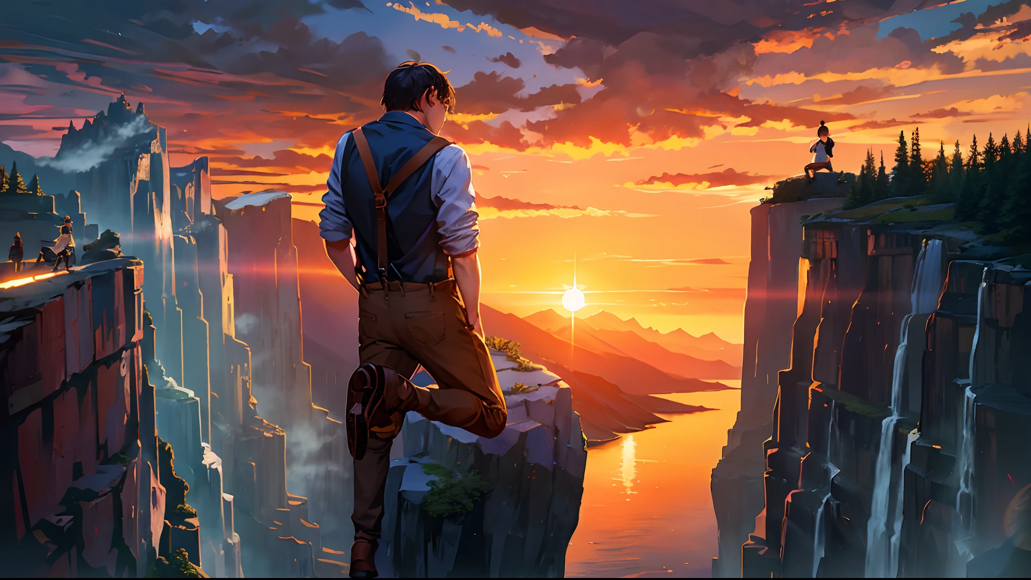 the sunset,eventide,Big Mountain,Medium short hair,Suspenders,Put your feet on the ground,Boy student,Iron Mountain Back,Behind the man in front of the cliff is the cliff(Look up at 45 degrees)