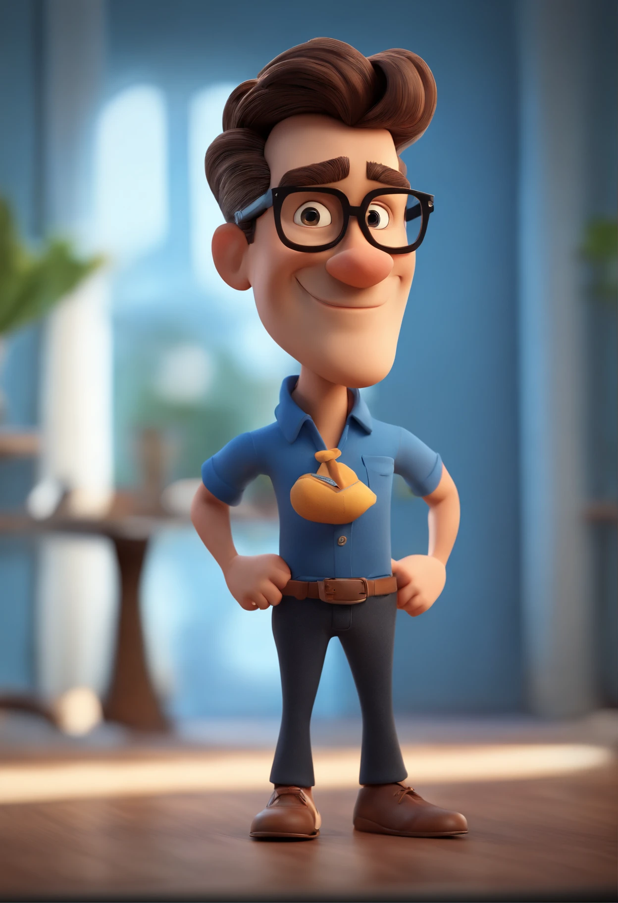Cartoon character of a man with black glasses, cabelo cacheado marrom escuro e uma camisa azul, animation character, Caractere estilizado, animation style rendering, 3D estilizado, Arnold Maya render, 3 d render stylized, toon render keyshot, Personagem 3D, Personagem 3D, 3d rendering stylized, 3 d character render, personagem de desenho animado, Personagem de close up, Pose de personagem, (Estilo Pixar) (master part:1.2) (Bokeh) (best quality) (pele detalhada) (textura detalhada) (8k) (argila) (Cinematic lighting) (foco nítido
